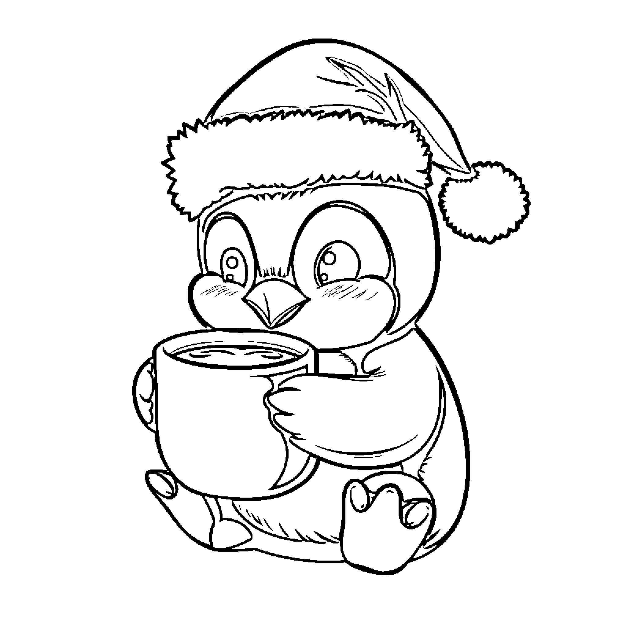 Penguin Enjoying a Warm Beverage in Winter Coloring Page (free black-and-white line drawing printable PDF for all, from beginners to advanced learners, including children, teens, adults, and seniors)