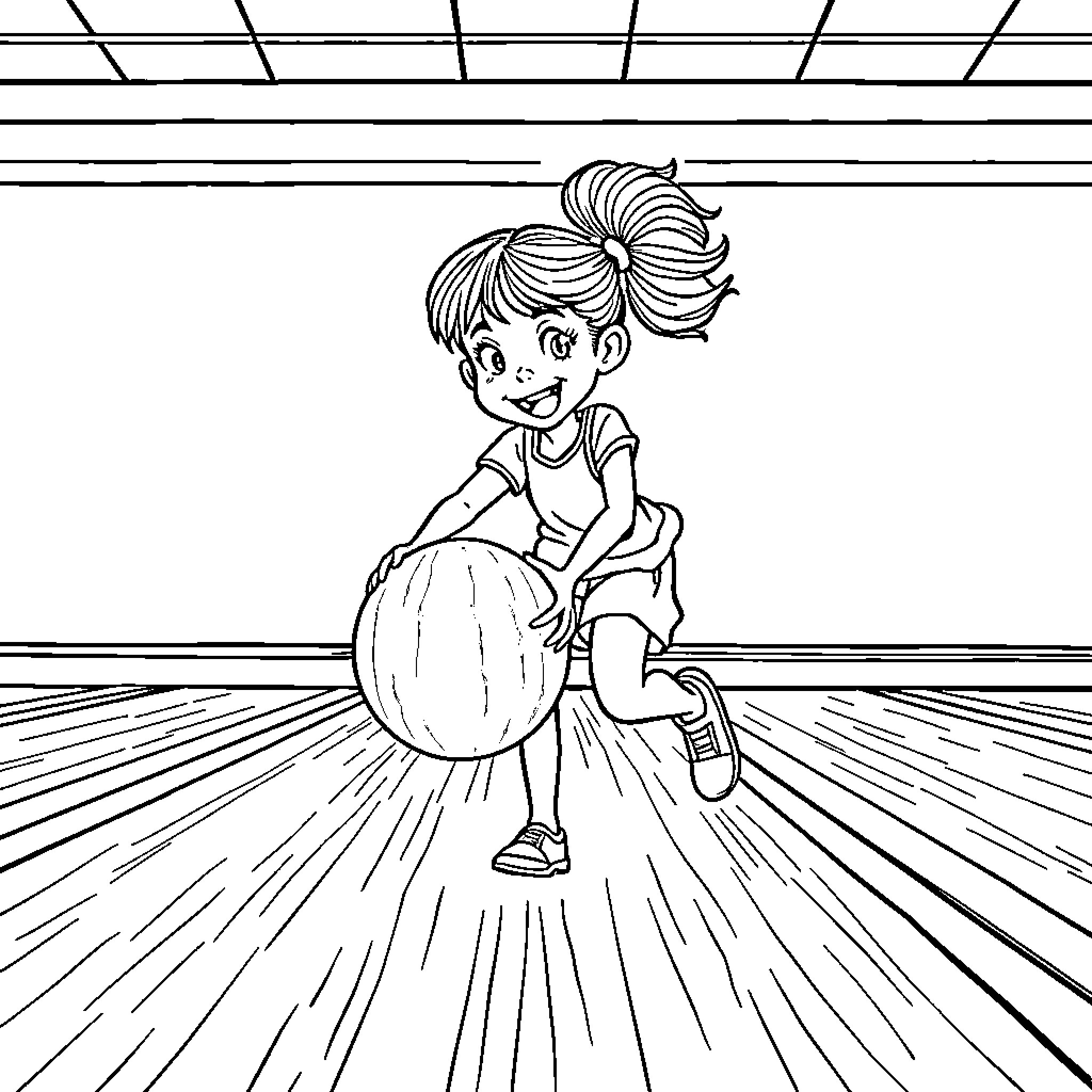 Girl Riding Ball with Joy Coloring Page (free black-and-white line drawing printable PDF for all, from beginners to advanced learners, including children, teens, adults, and seniors)