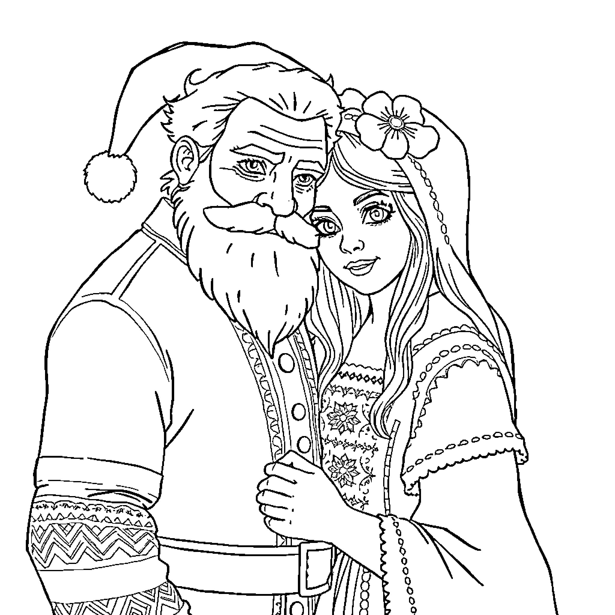 Maimuta couple in traditional holiday outfit Coloring Page (free black-and-white line drawing printable PDF for all, from beginners to advanced learners, including children, teens, adults, and seniors)