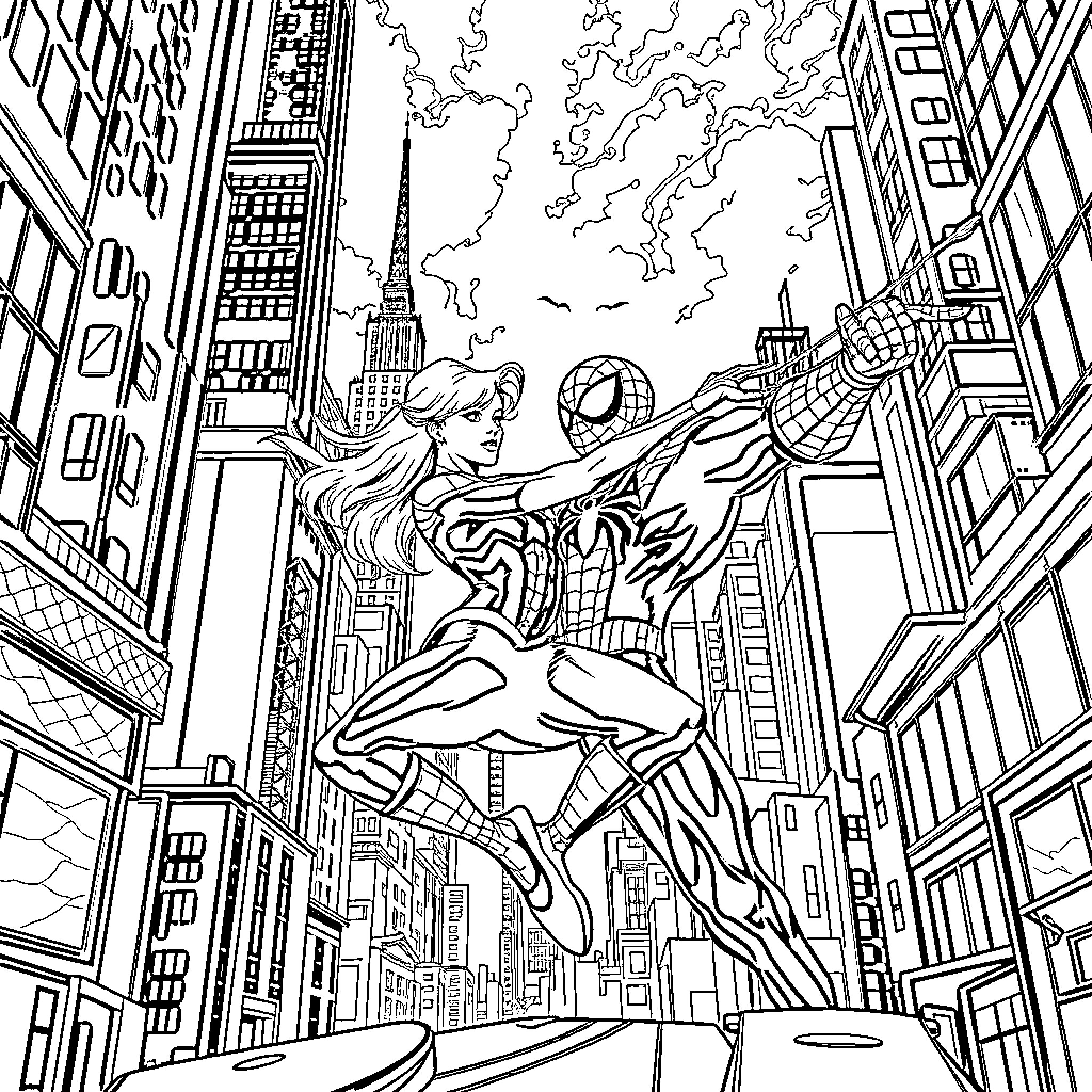 Gwen Stacy and Spider-Man Teaming Up in the City Coloring Page (free black-and-white line drawing printable PDF for all, from beginners to advanced learners, including children, teens, adults, and seniors)