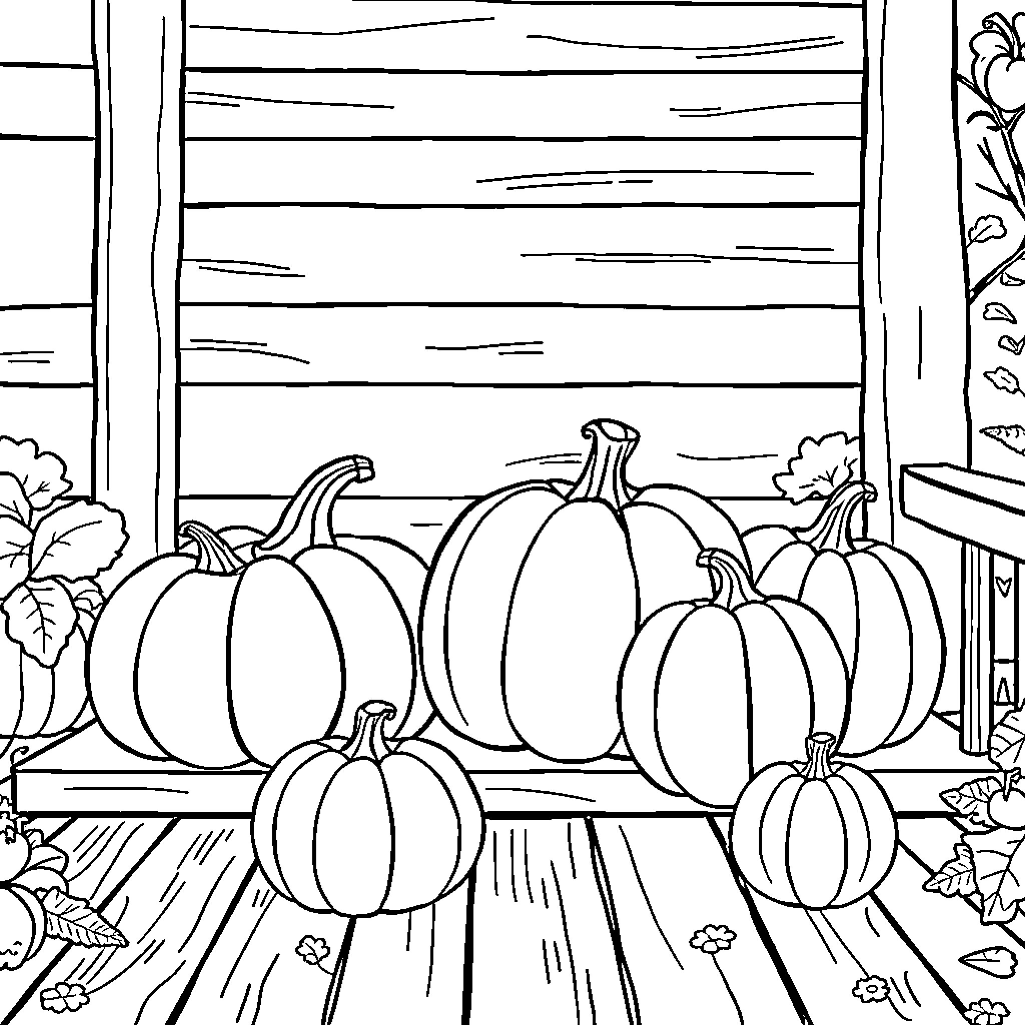 Pumpkins displayed on wooden shelves Coloring Page (free black-and-white line drawing printable PDF for all, from beginners to advanced learners, including children, teens, adults, and seniors)