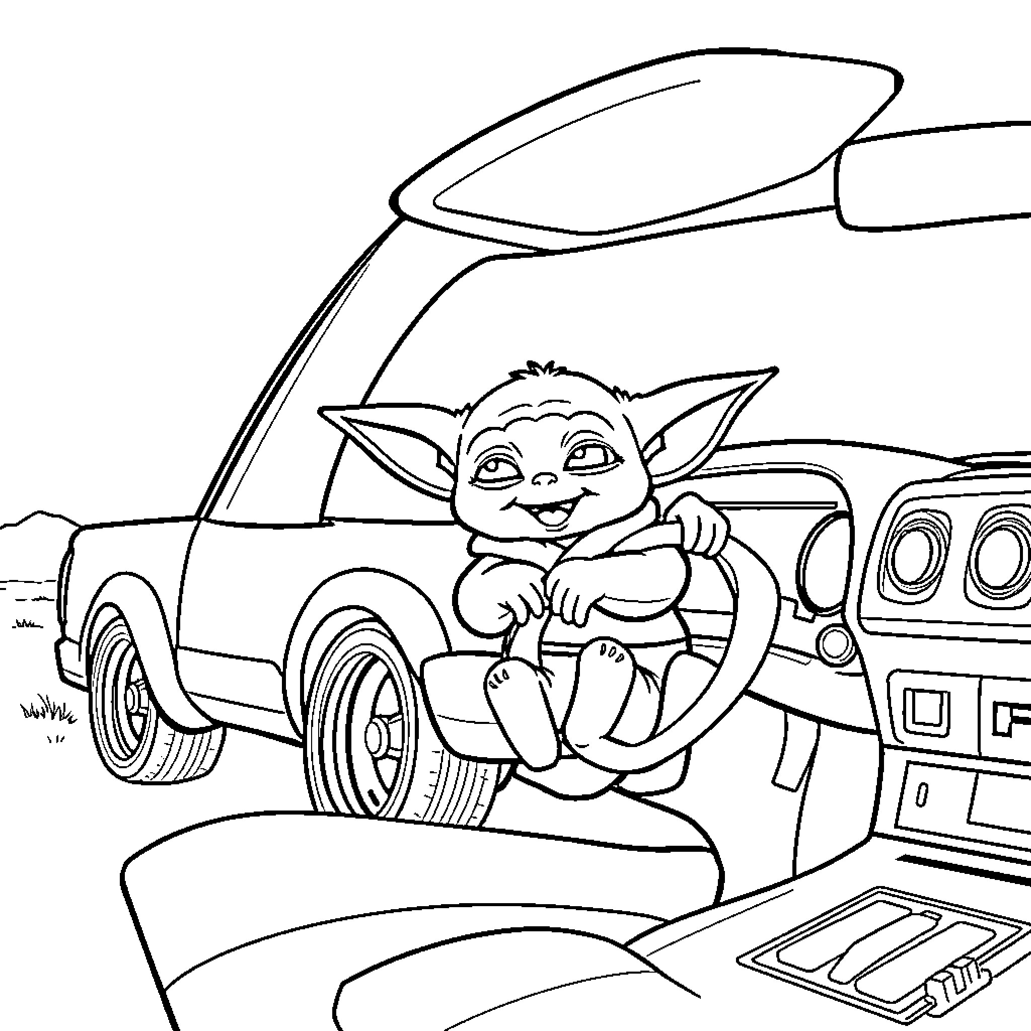 Baby Yoda playfully exploring a car Coloring Page (free black-and-white line drawing printable PDF for all, from beginners to advanced learners, including children, teens, adults, and seniors)