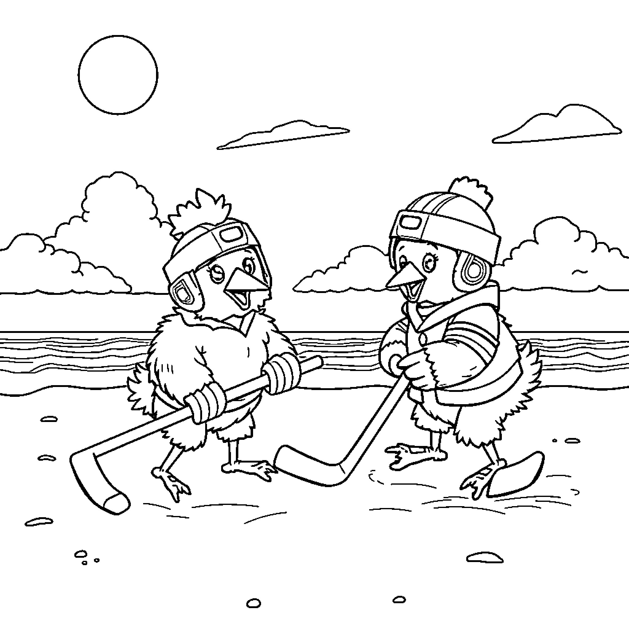 Chicken Nugget Hockey Champs on the Pond Coloring Page (free black-and-white line drawing printable PDF for all, from beginners to advanced learners, including children, teens, adults, and seniors)