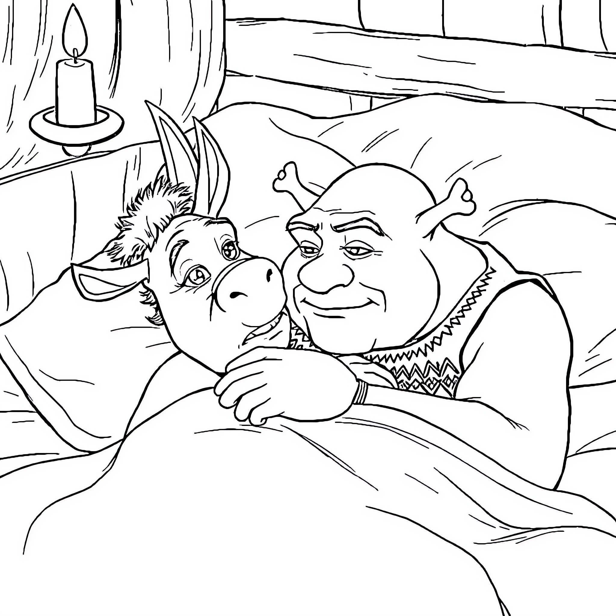 Donkey and Ogre Resting Peacefully Coloring Page (free black-and-white line drawing printable PDF for all, from beginners to advanced learners, including children, teens, adults, and seniors)
