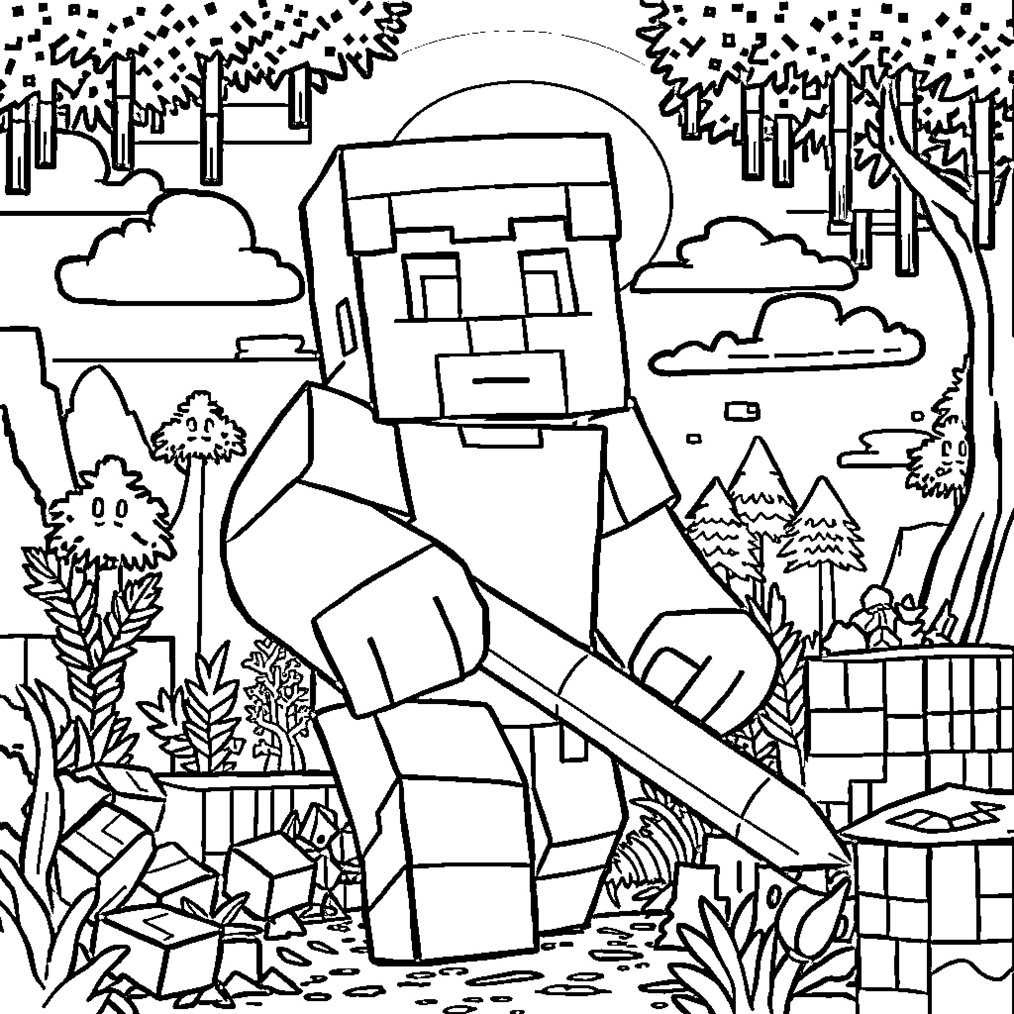 Steve's Minecraft Adventure in the Forest Coloring Page (free black-and-white line drawing printable PDF for all, from beginners to advanced learners, including children, teens, adults, and seniors)