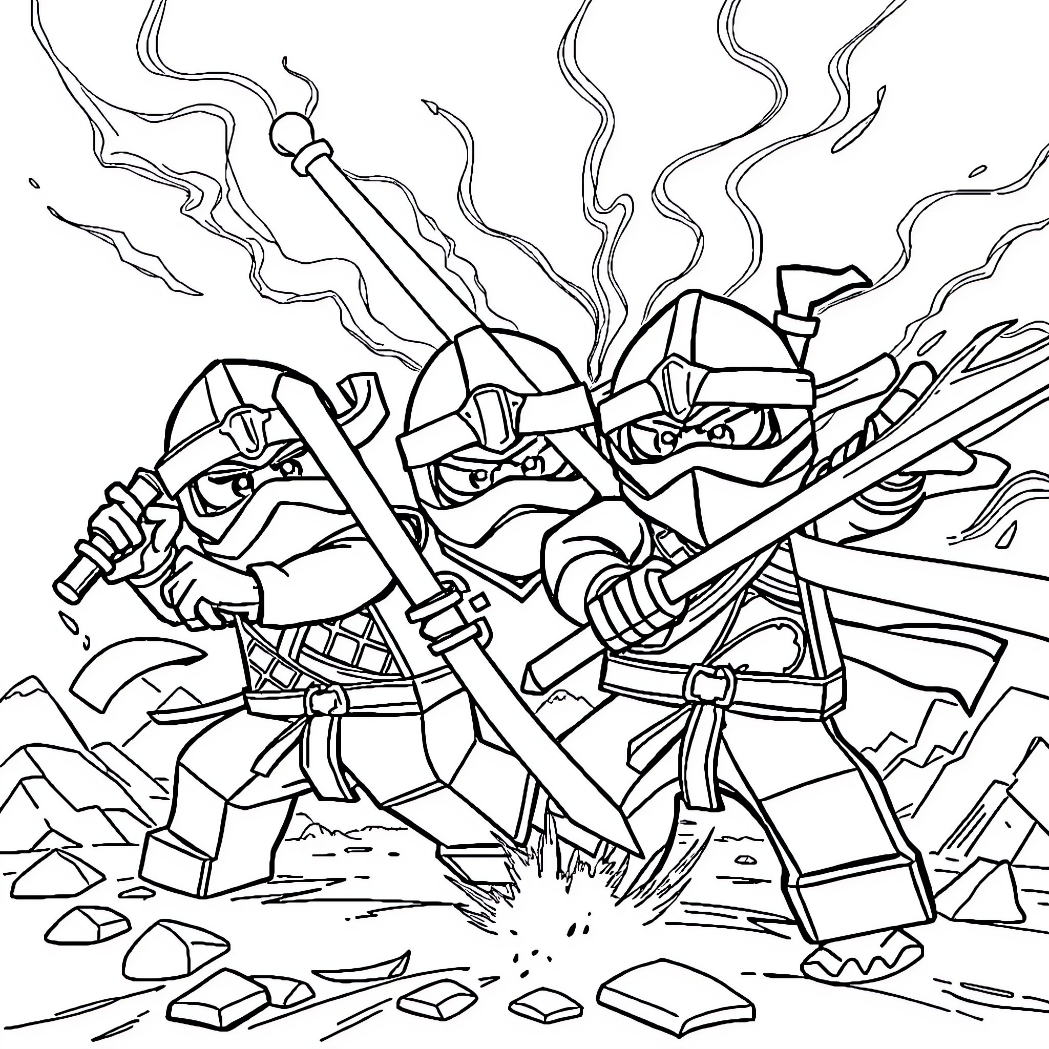 Ninjago Warriors Engaged in Intense Combat Coloring Page (free black-and-white line drawing printable PDF for all, from beginners to advanced learners, including children, teens, adults, and seniors)