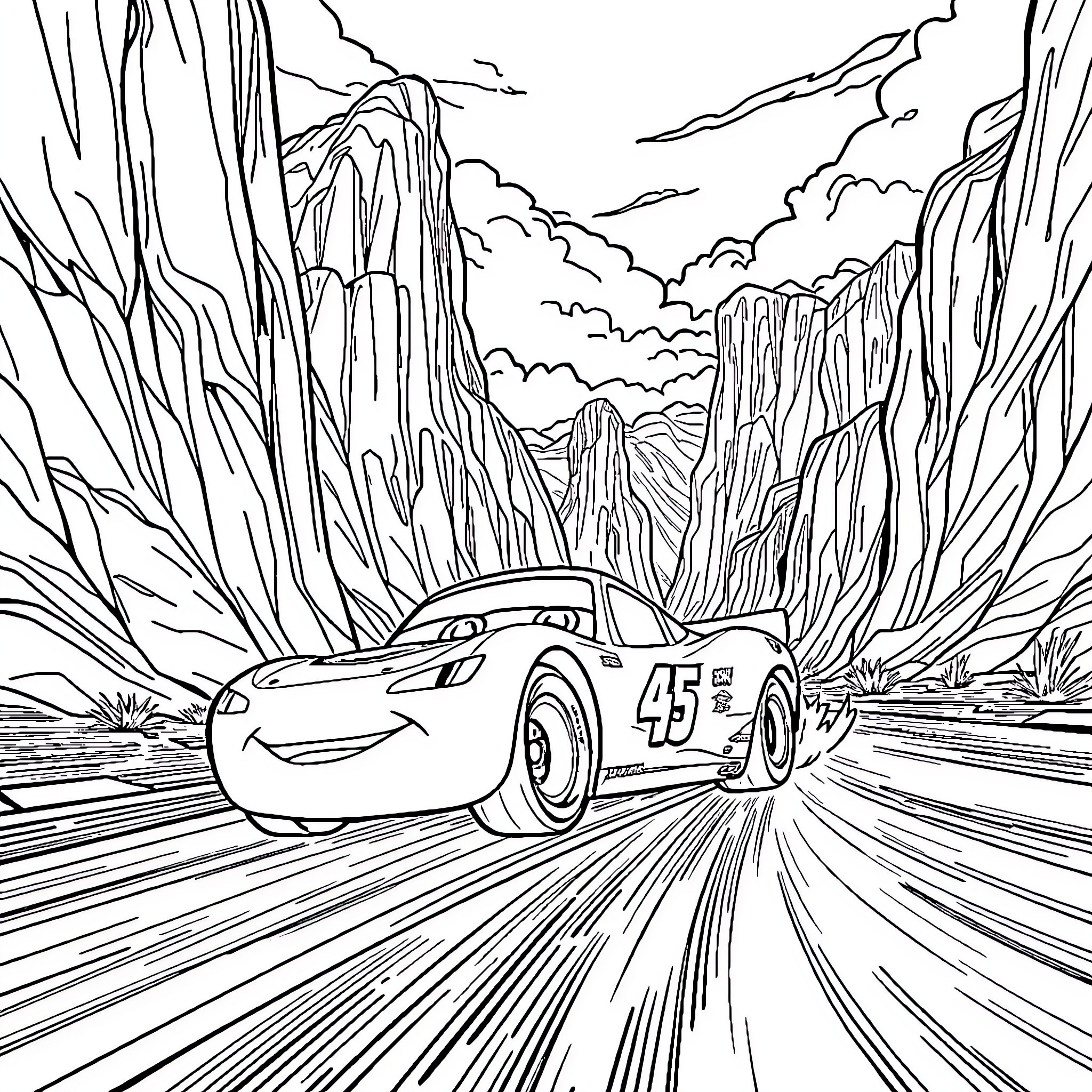 Lightning McQueen speeding through a rugged mountain landscape Coloring Page (free black-and-white line drawing printable PDF for all, from beginners to advanced learners, including children, teens, adults, and seniors)