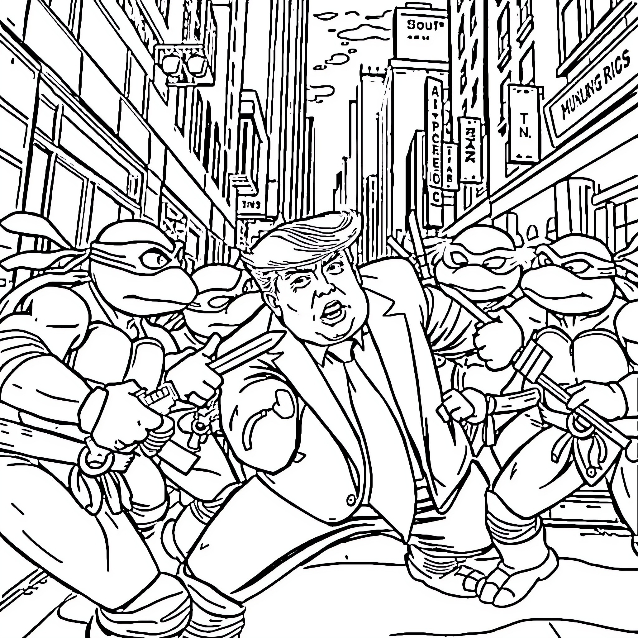 Teenage Mutant Ninja Turtles take on Donald Trump in New York City Coloring Page (free black-and-white line drawing printable PDF for all, from beginners to advanced learners, including children, teens, adults, and seniors)