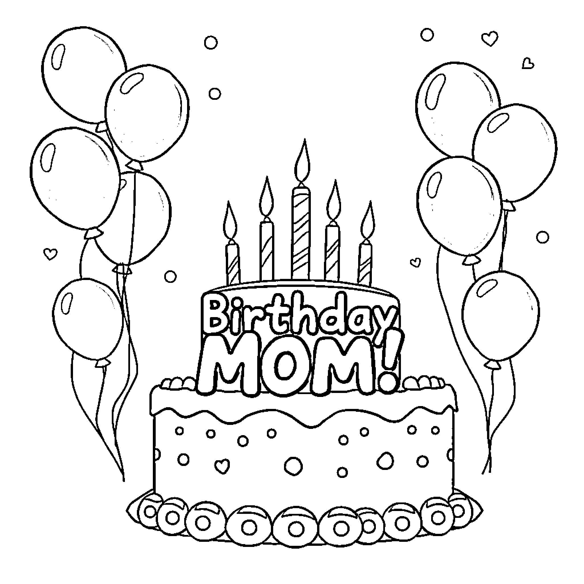 Mom's Birthday Celebration with Cake and Balloons Coloring Page (free black-and-white line drawing printable PDF for all, from beginners to advanced learners, including children, teens, adults, and seniors)