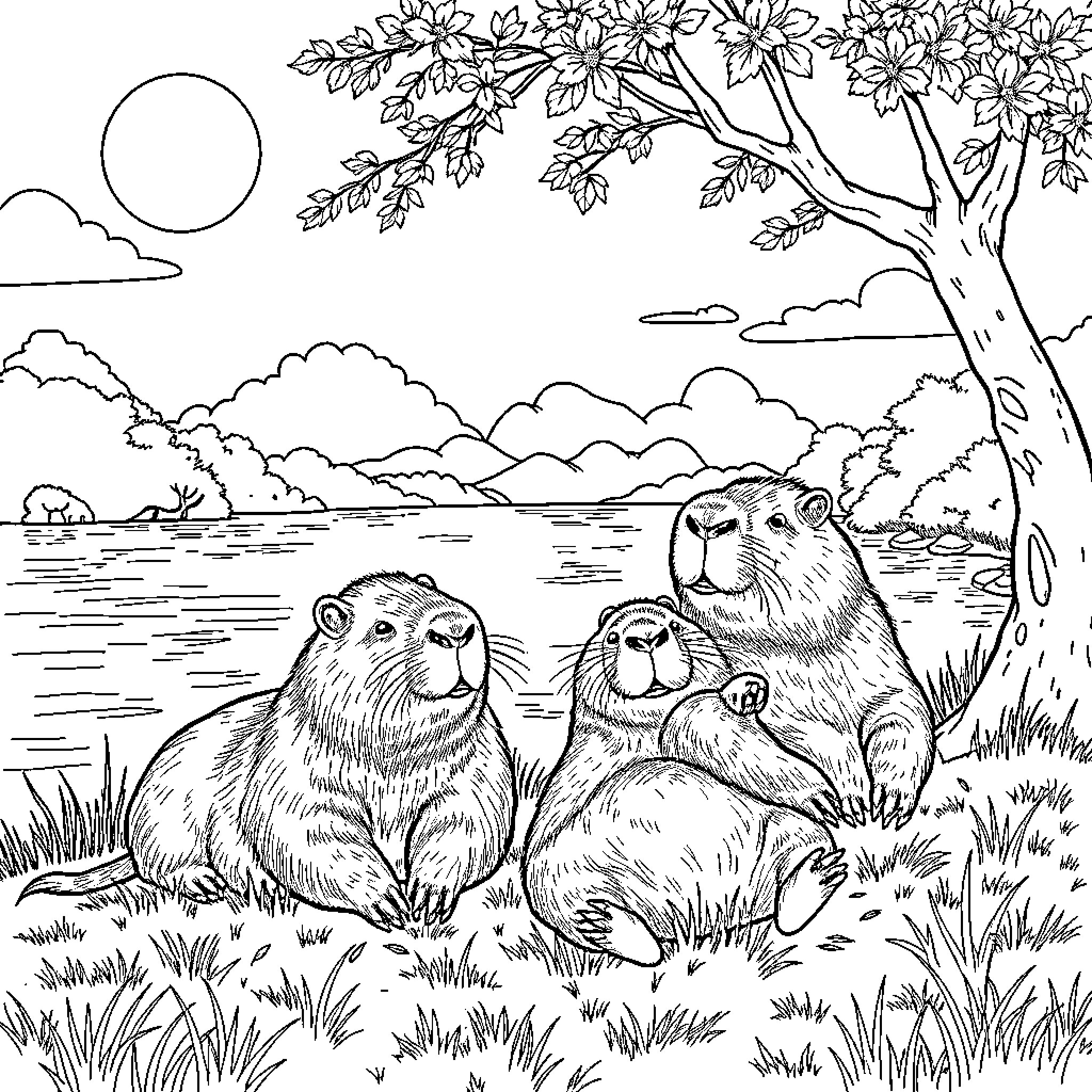 Capybara family relaxing in peaceful scenic landscape Coloring Page (free black-and-white line drawing printable PDF for all, from beginners to advanced learners, including children, teens, adults, and seniors)