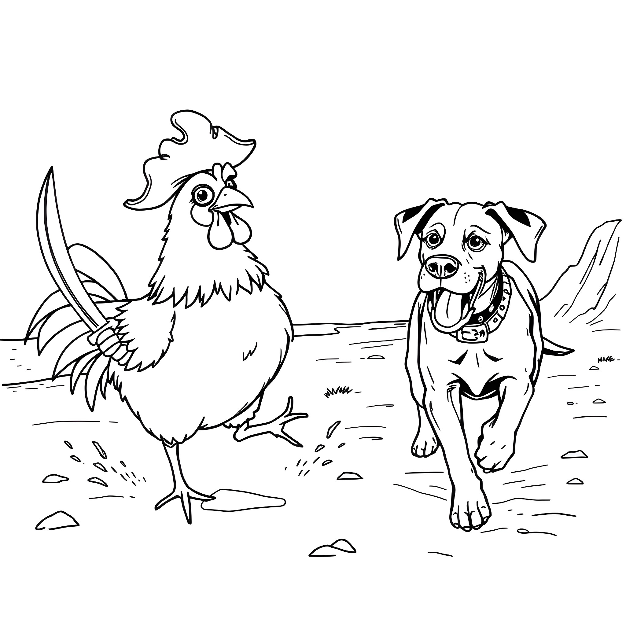 Pirate Chicken and Playful Pup's Seafaring Adventure Coloring Page (free black-and-white line drawing printable PDF for all, from beginners to advanced learners, including children, teens, adults, and seniors)