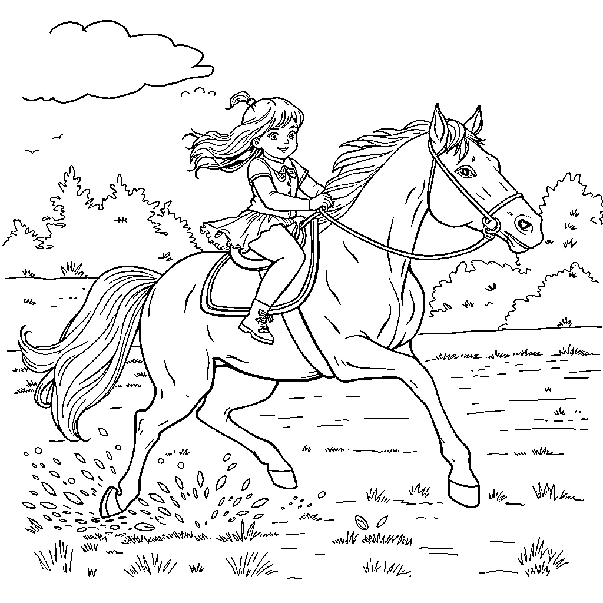 Girl riding a horse through the countryside Coloring Page (free black-and-white line drawing printable PDF for all, from beginners to advanced learners, including children, teens, adults, and seniors)