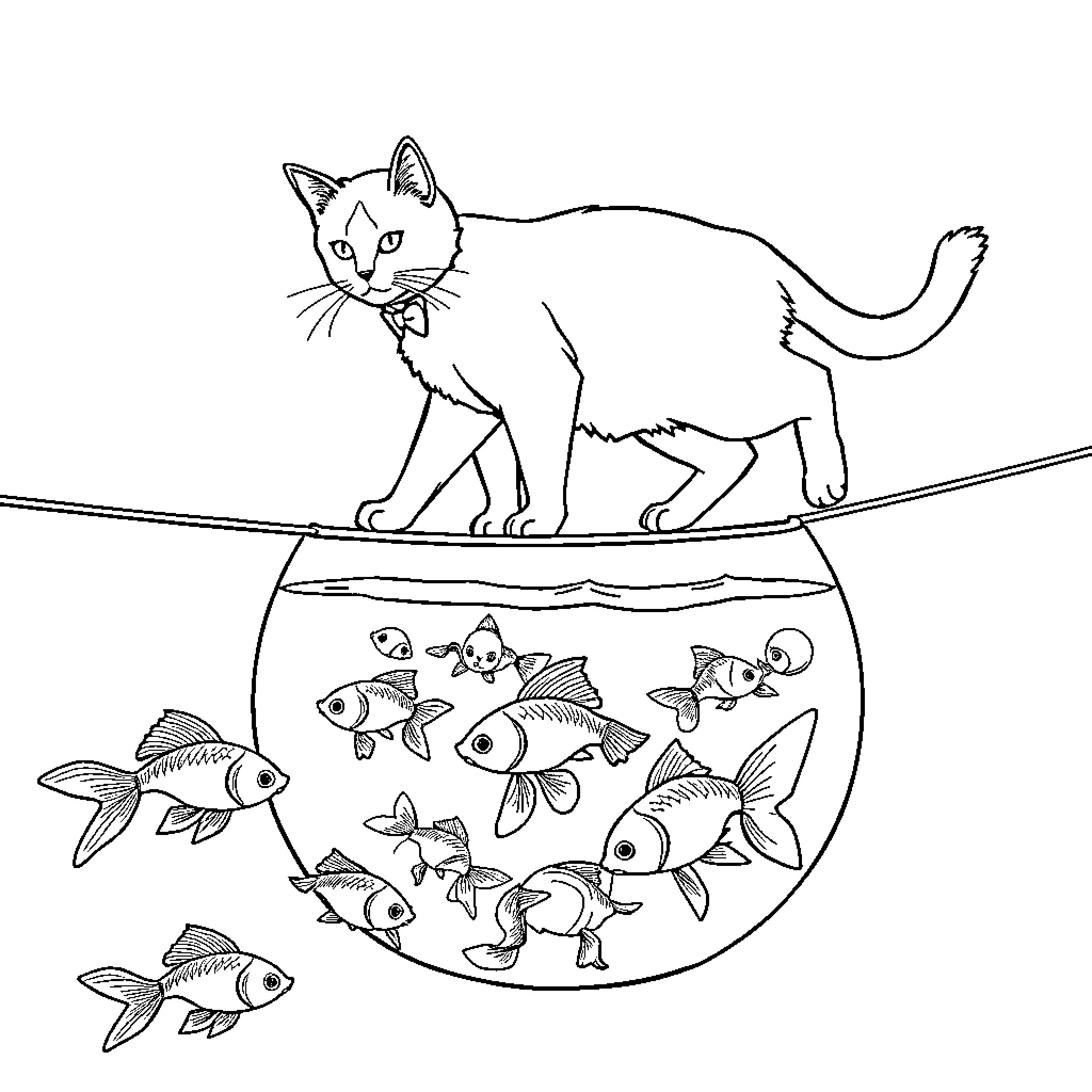 Tuxedo Cat Balancing on Fishbowl Coloring Page (free black-and-white line drawing printable PDF for all, from beginners to advanced learners, including children, teens, adults, and seniors)