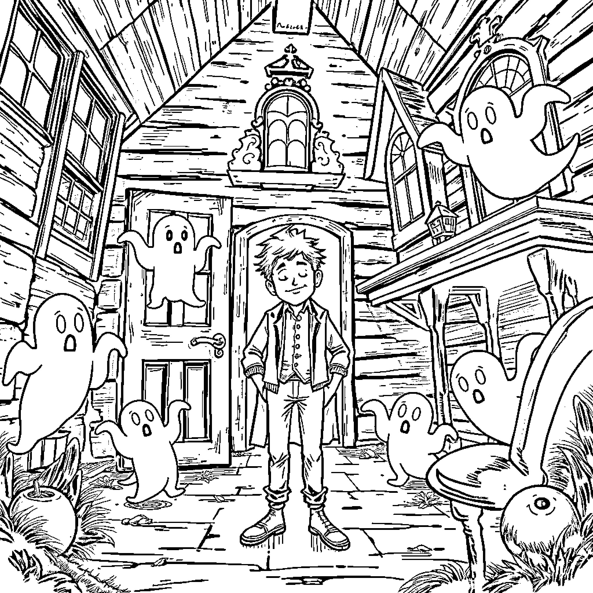 Ghost boy encounters spooky spirits in haunted house Coloring Page (free black-and-white line drawing printable PDF for all, from beginners to advanced learners, including children, teens, adults, and seniors)