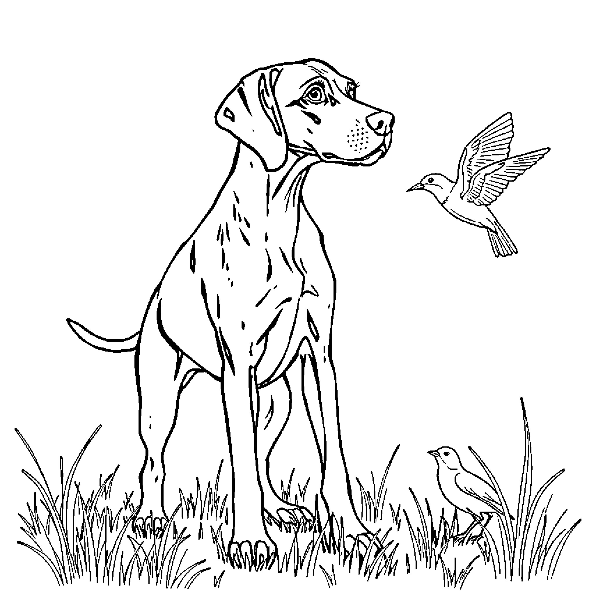 Vizsla admiring hummingbird in the meadow Coloring Page (free black-and-white line drawing printable PDF for all, from beginners to advanced learners, including children, teens, adults, and seniors)