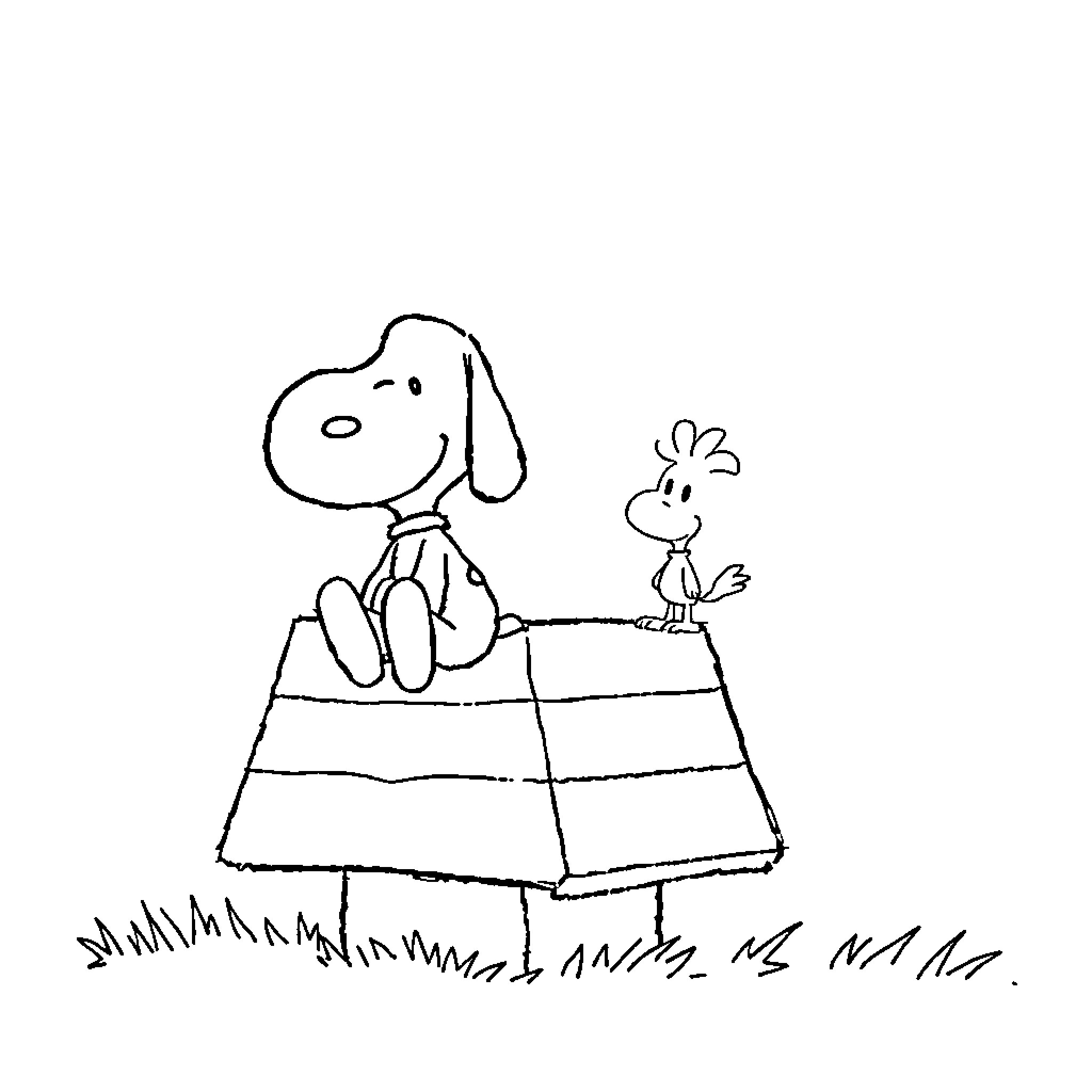 Snoopy and Woodstock relaxing on dog house Coloring Page (free black-and-white line drawing printable PDF for all, from beginners to advanced learners, including children, teens, adults, and seniors)