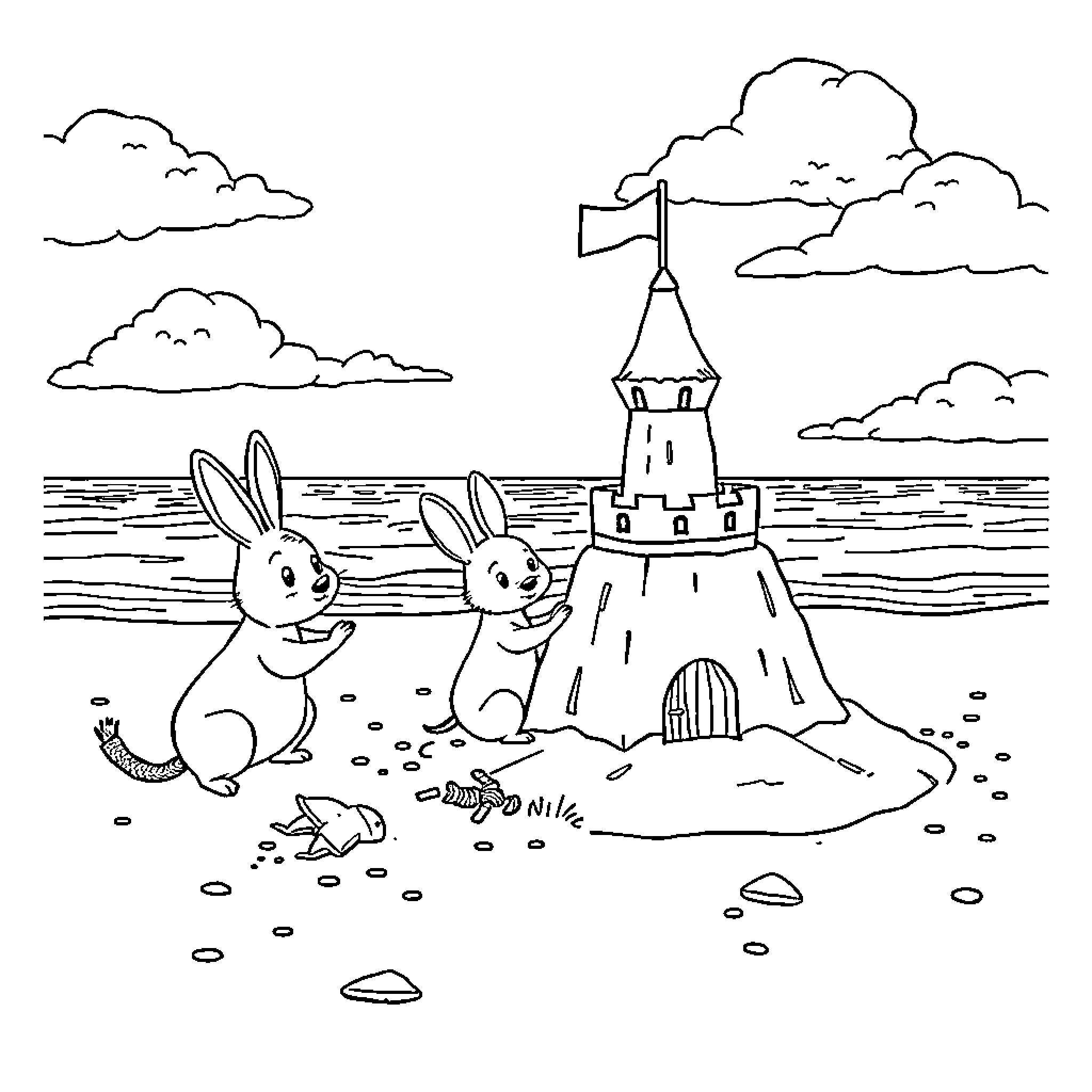Tchoupi and friends playing by the sea with sandcastles Coloring Page (free black-and-white line drawing printable PDF for all, from beginners to advanced learners, including children, teens, adults, and seniors)
