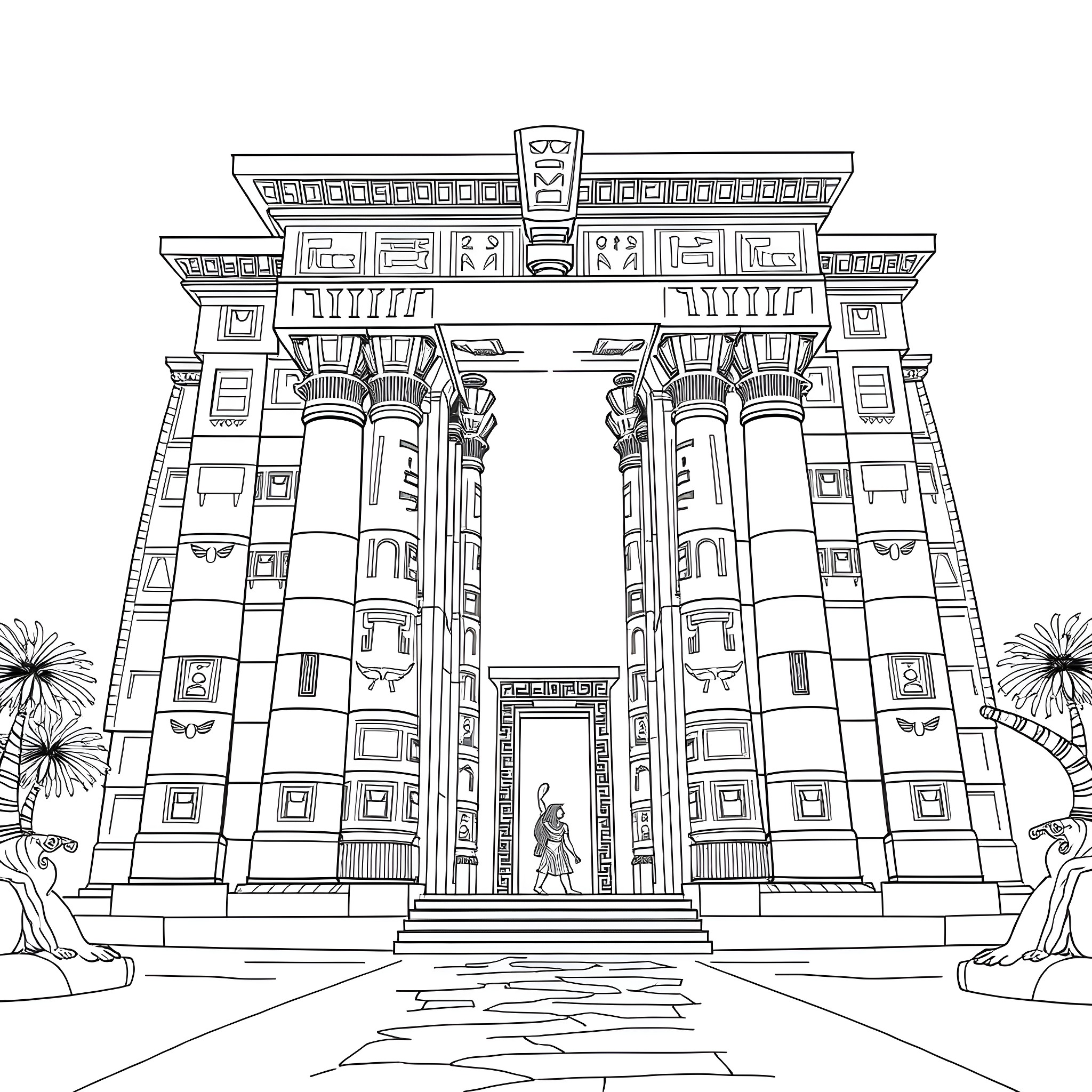 Temple with ornate architectural details Coloring Page (free black-and-white line drawing printable PDF for all, from beginners to advanced learners, including children, teens, adults, and seniors)