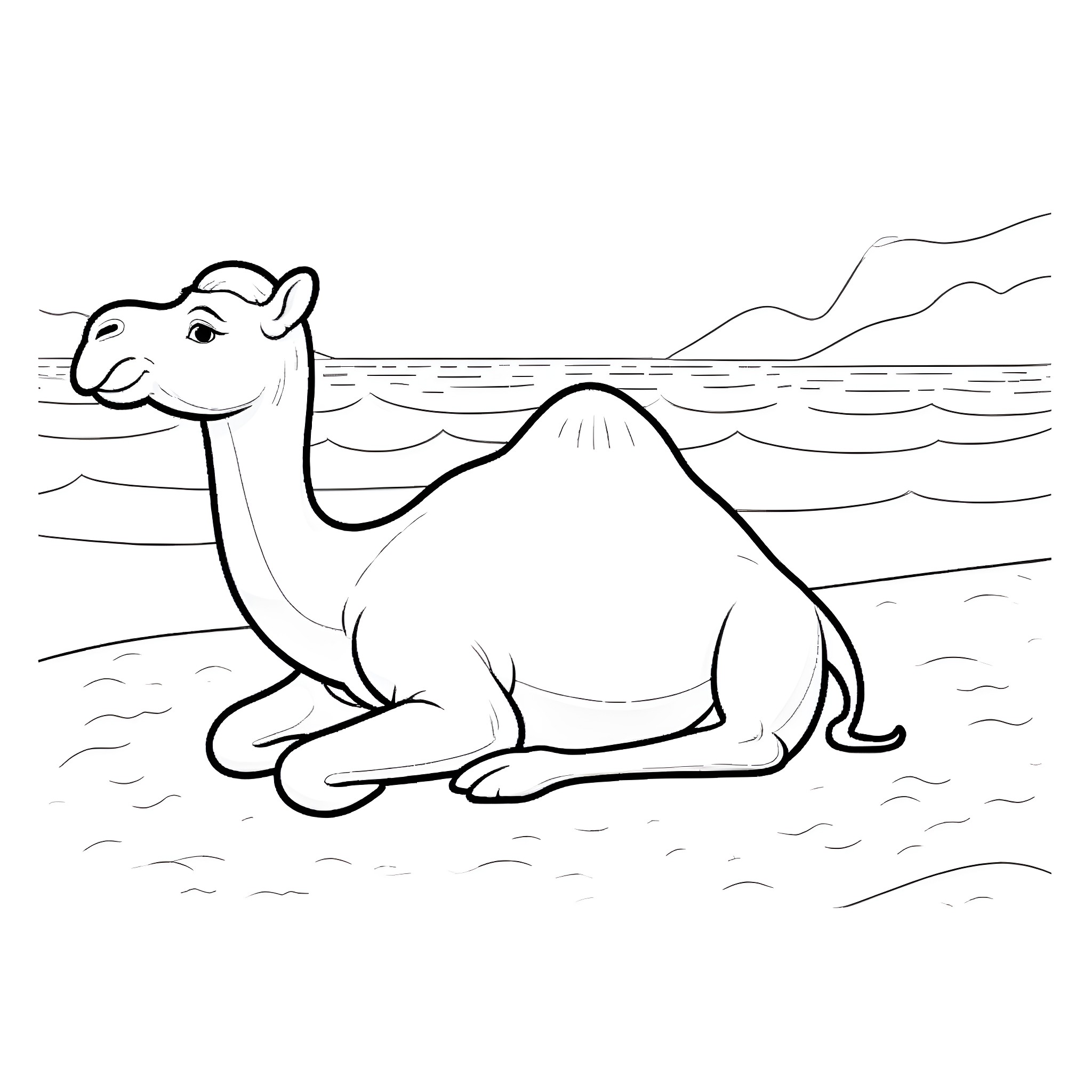 Camel resting in the desert landscape Coloring Page (free black-and-white line drawing printable PDF for all, from beginners to advanced learners, including children, teens, adults, and seniors)