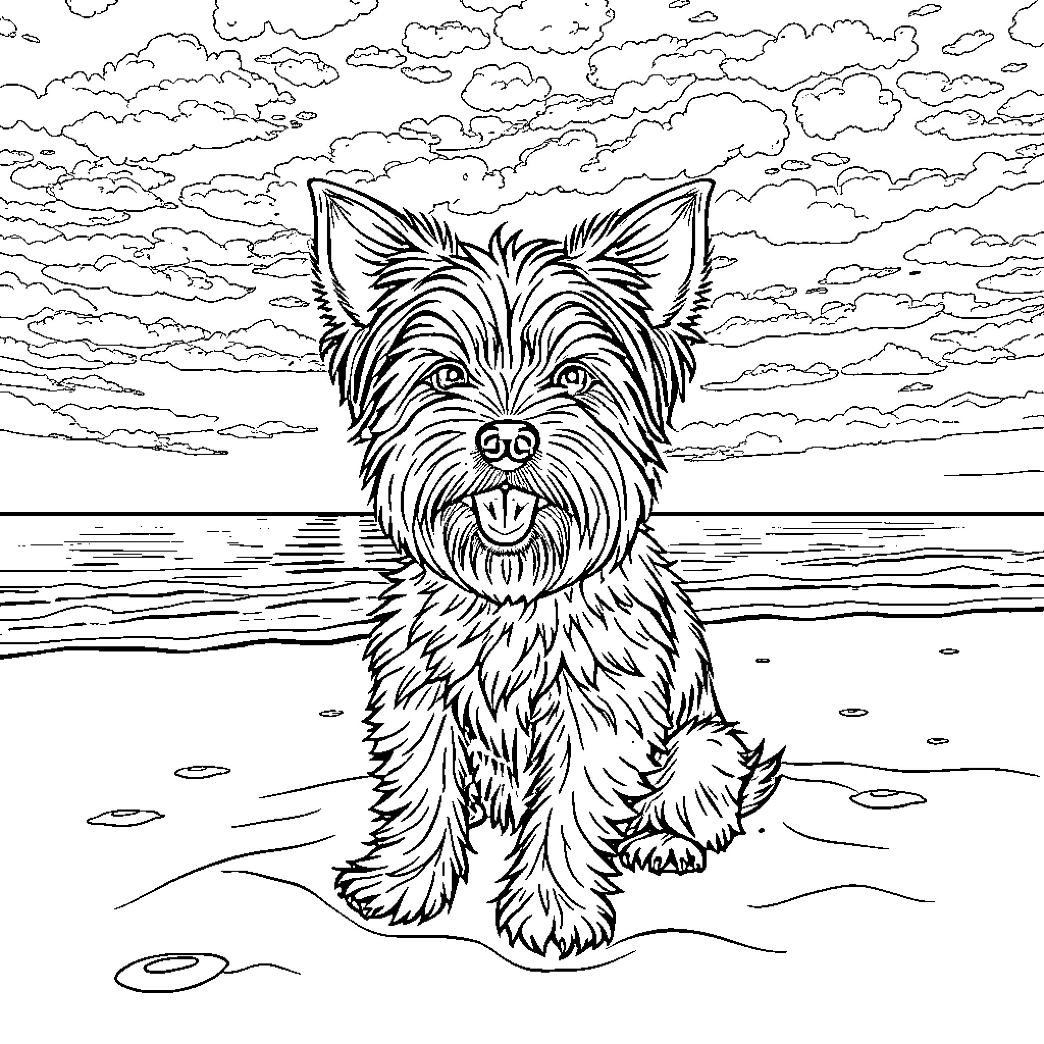 Yorkshire Terrier enjoying the beach Coloring Page (free black-and-white line drawing printable PDF for all, from beginners to advanced learners, including children, teens, adults, and seniors)
