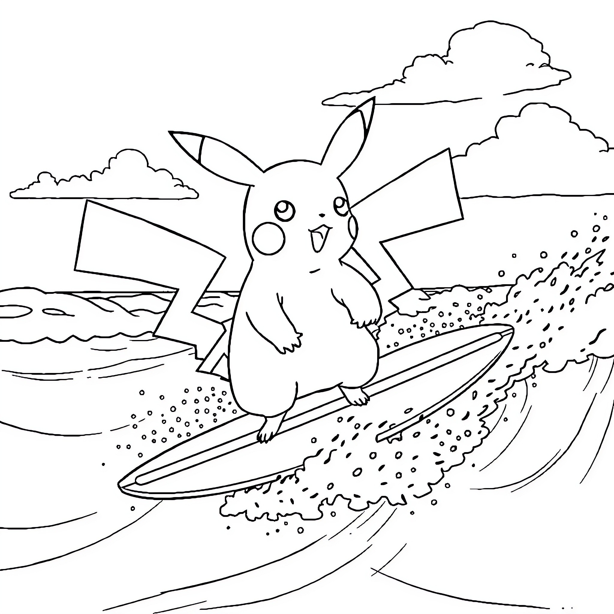 Pikachu surfing on waves with clouds in the sky Coloring Page (free black-and-white line drawing printable PDF for all, from beginners to advanced learners, including children, teens, adults, and seniors)