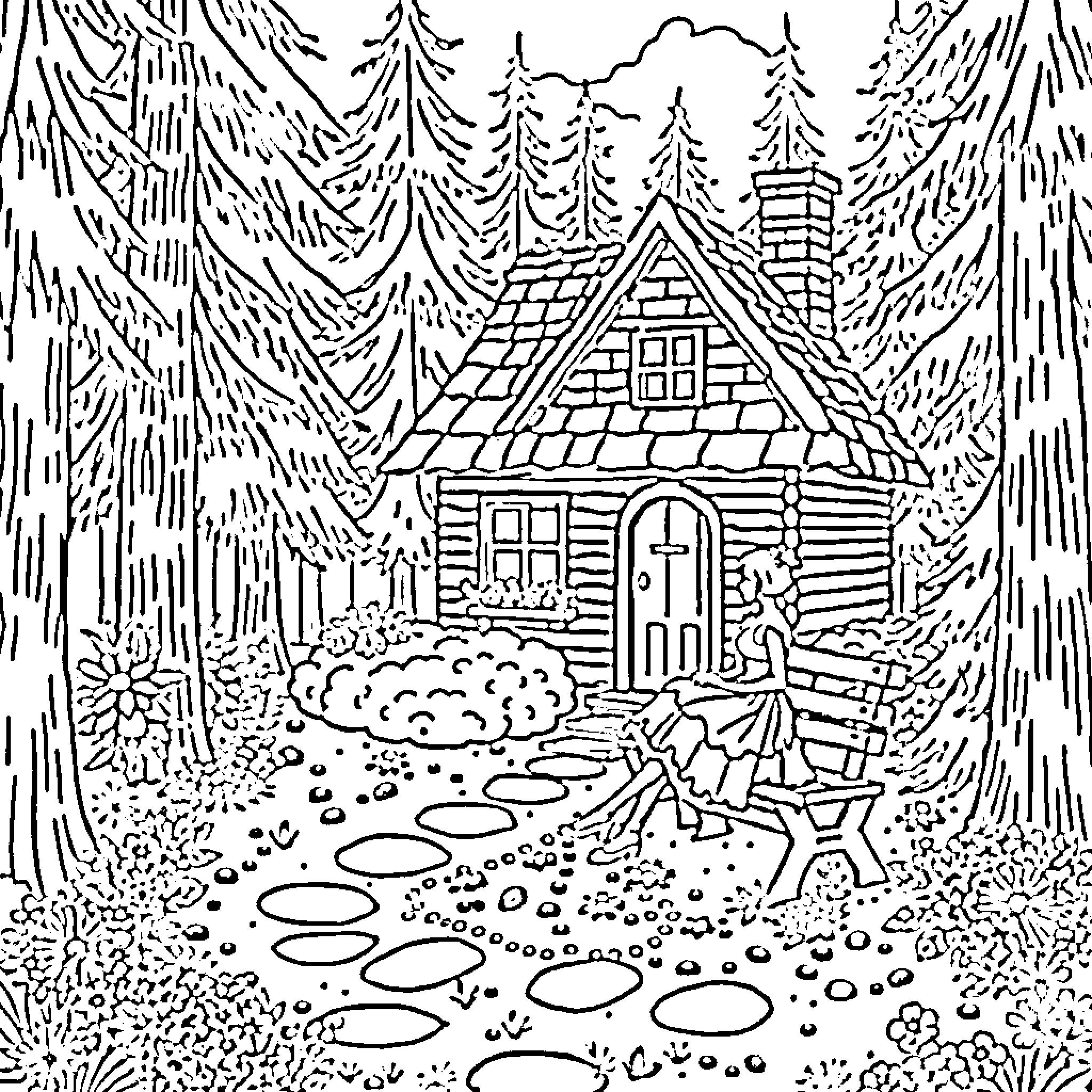Woman in cozy cabin amidst lush forest Coloring Page (free black-and-white line drawing printable PDF for all, from beginners to advanced learners, including children, teens, adults, and seniors)