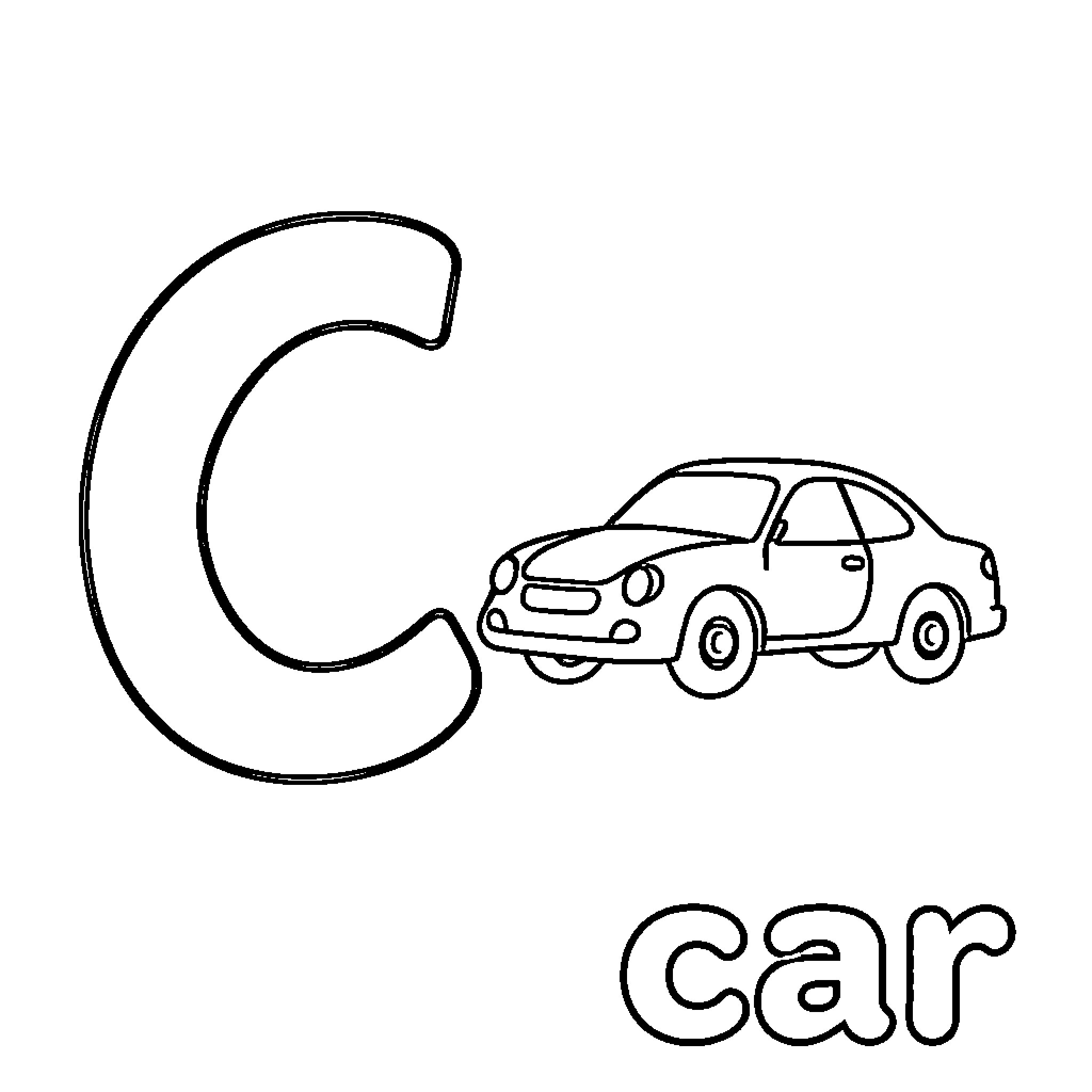 Car with a letter C outline Coloring Page (free black-and-white line drawing printable PDF for all, from beginners to advanced learners, including children, teens, adults, and seniors)