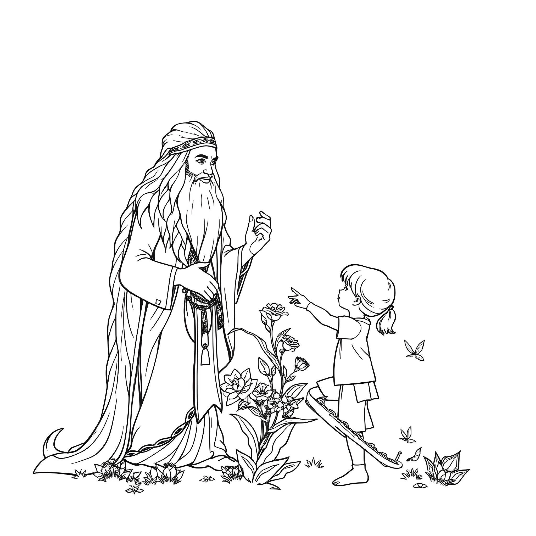 Spirit of Nature Guiding a Child Coloring Page (free black-and-white line drawing printable PDF for all, from beginners to advanced learners, including children, teens, adults, and seniors)