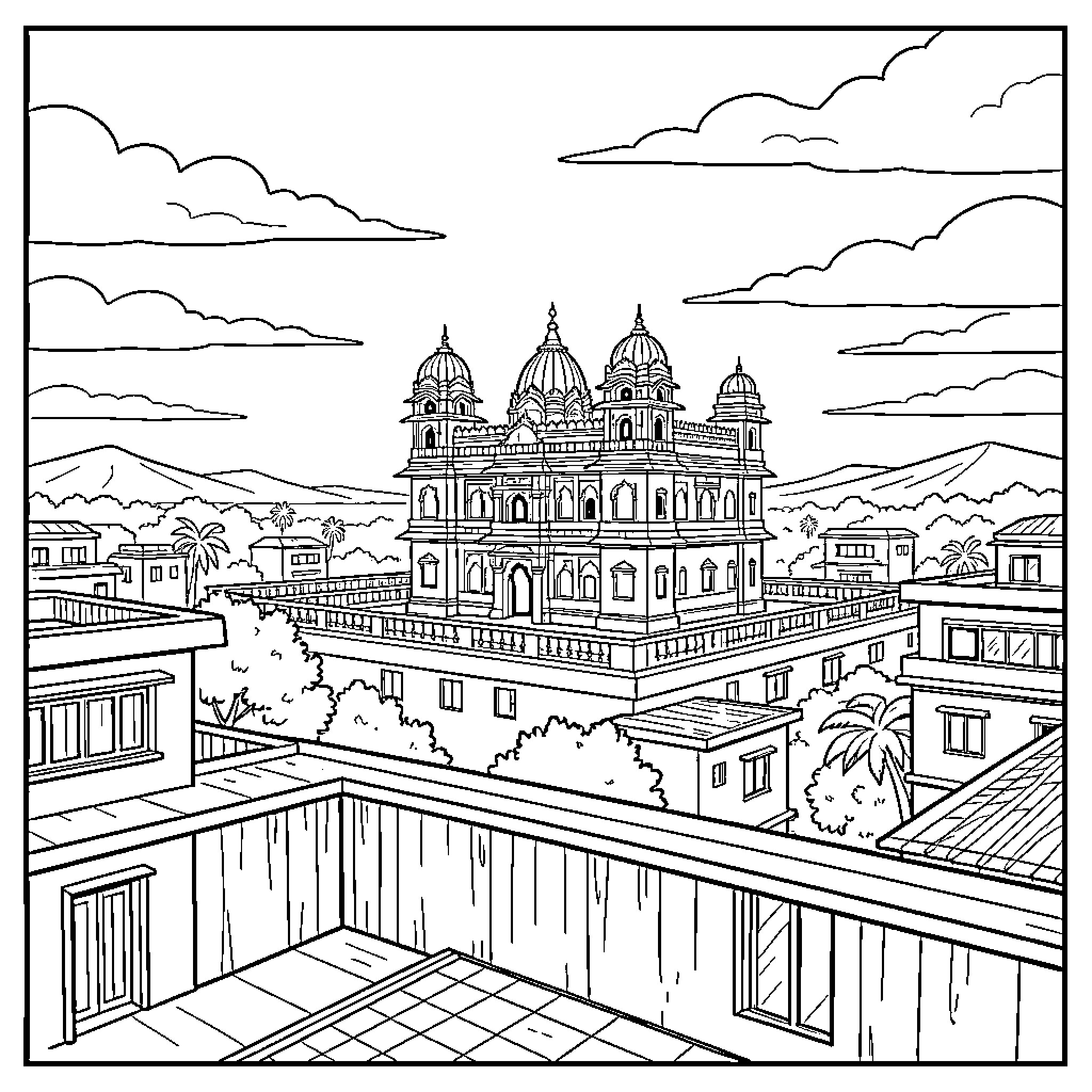 Ram Mandir architecture overlooking a scenic town landscape Coloring Page (free black-and-white line drawing printable PDF for all, from beginners to advanced learners, including children, teens, adults, and seniors)