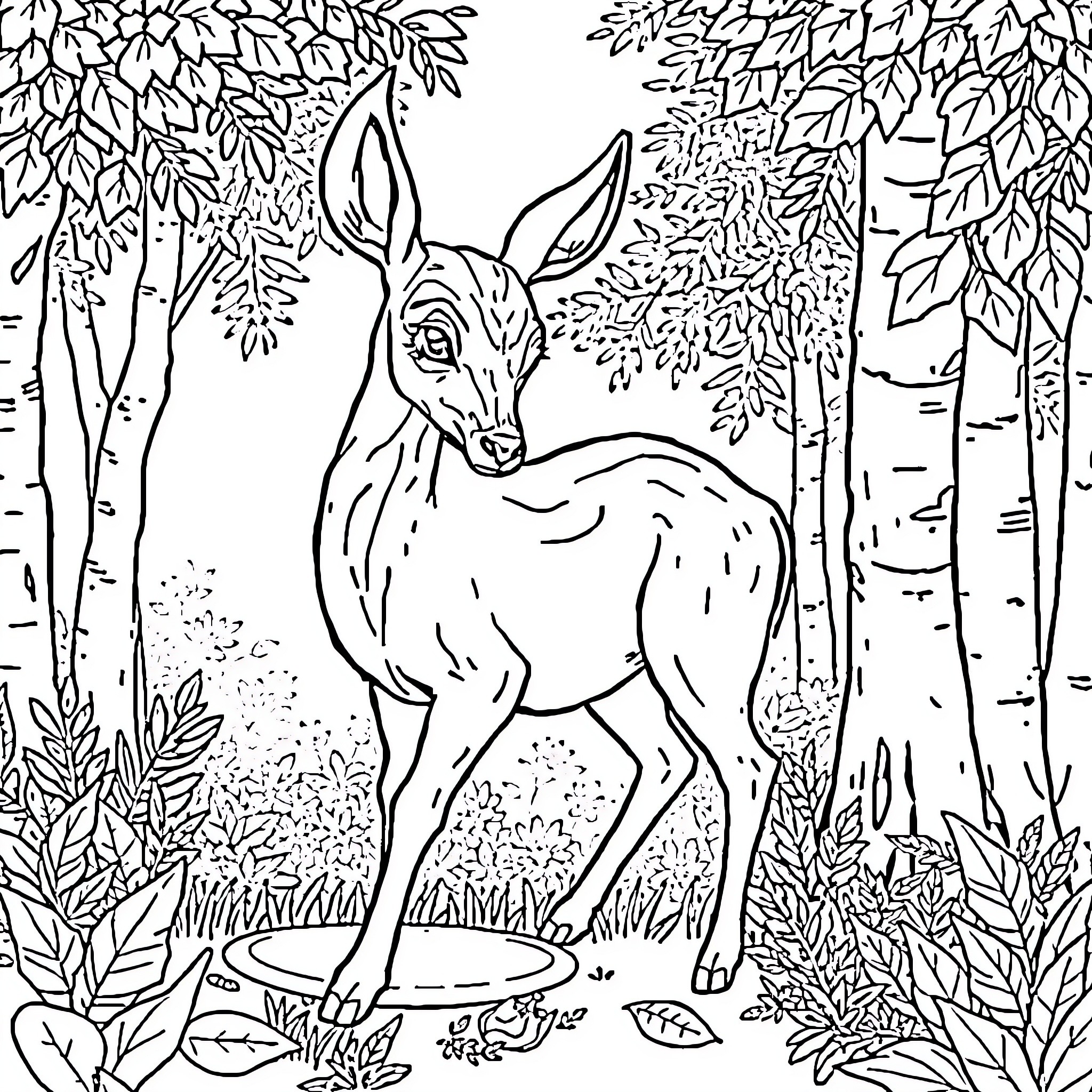 Deer exploring the lush forest surroundings Coloring Page (free black-and-white line drawing printable PDF for all, from beginners to advanced learners, including children, teens, adults, and seniors)