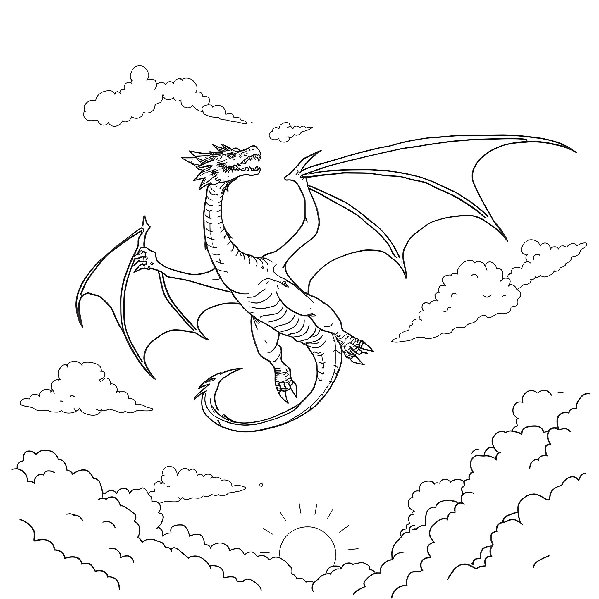Dragon soaring through the cloudy sky Coloring Page (free black-and-white line drawing printable PDF for all, from beginners to advanced learners, including children, teens, adults, and seniors)