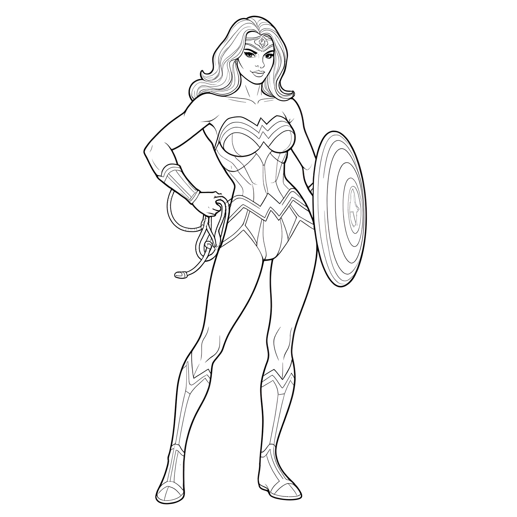 Wonder Woman in heroic stance with shield and sword Coloring Page (free black-and-white line drawing printable PDF for all, from beginners to advanced learners, including children, teens, adults, and seniors)