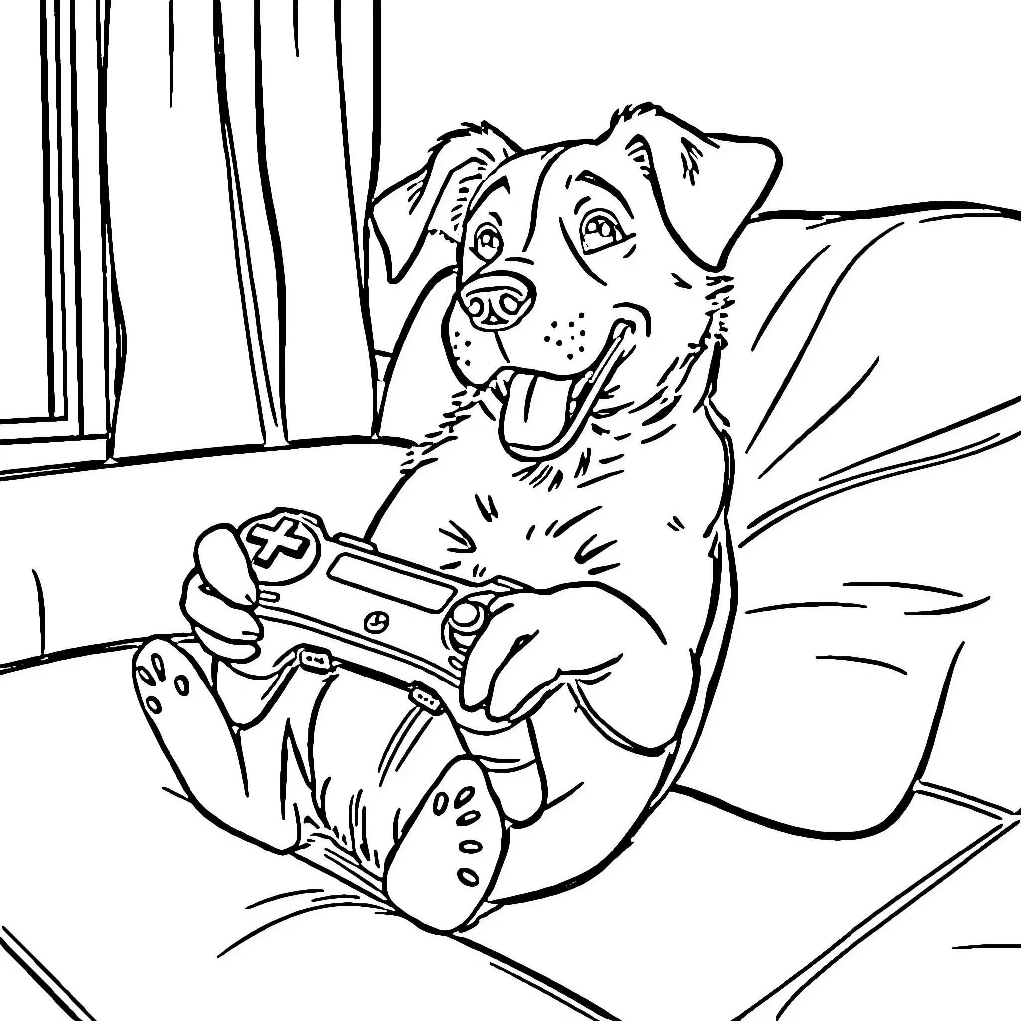 Dog playing a video game happily on the couch Coloring Page (free black-and-white line drawing printable PDF for all, from beginners to advanced learners, including children, teens, adults, and seniors)
