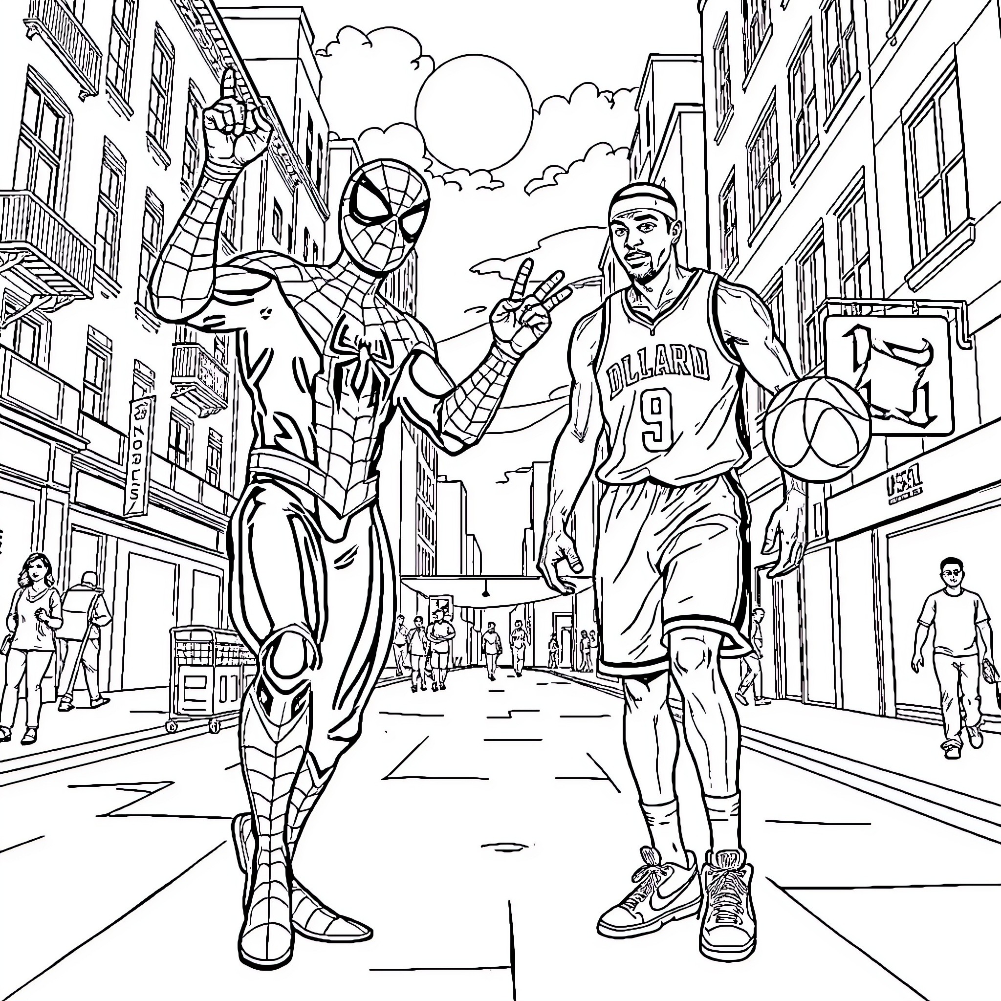 Spiderman assisting a basketball player in the city Coloring Page (free black-and-white line drawing printable PDF for all, from beginners to advanced learners, including children, teens, adults, and seniors)