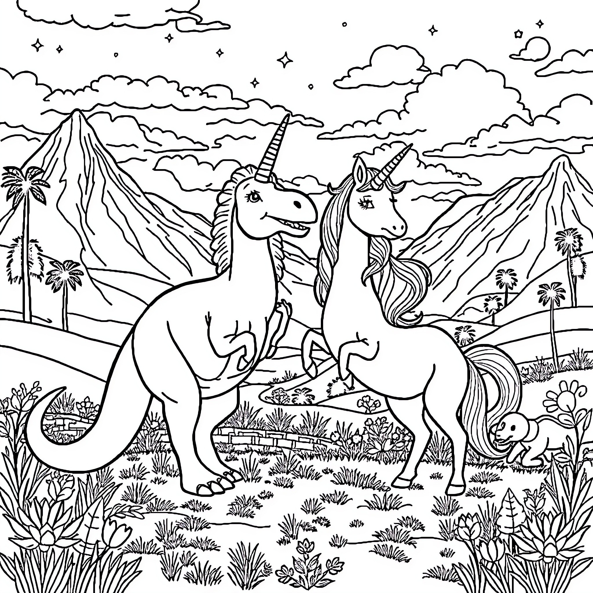 Dinosaur-like creatures frolicking in a magical landscape Coloring Page (free black-and-white line drawing printable PDF for all, from beginners to advanced learners, including children, teens, adults, and seniors)