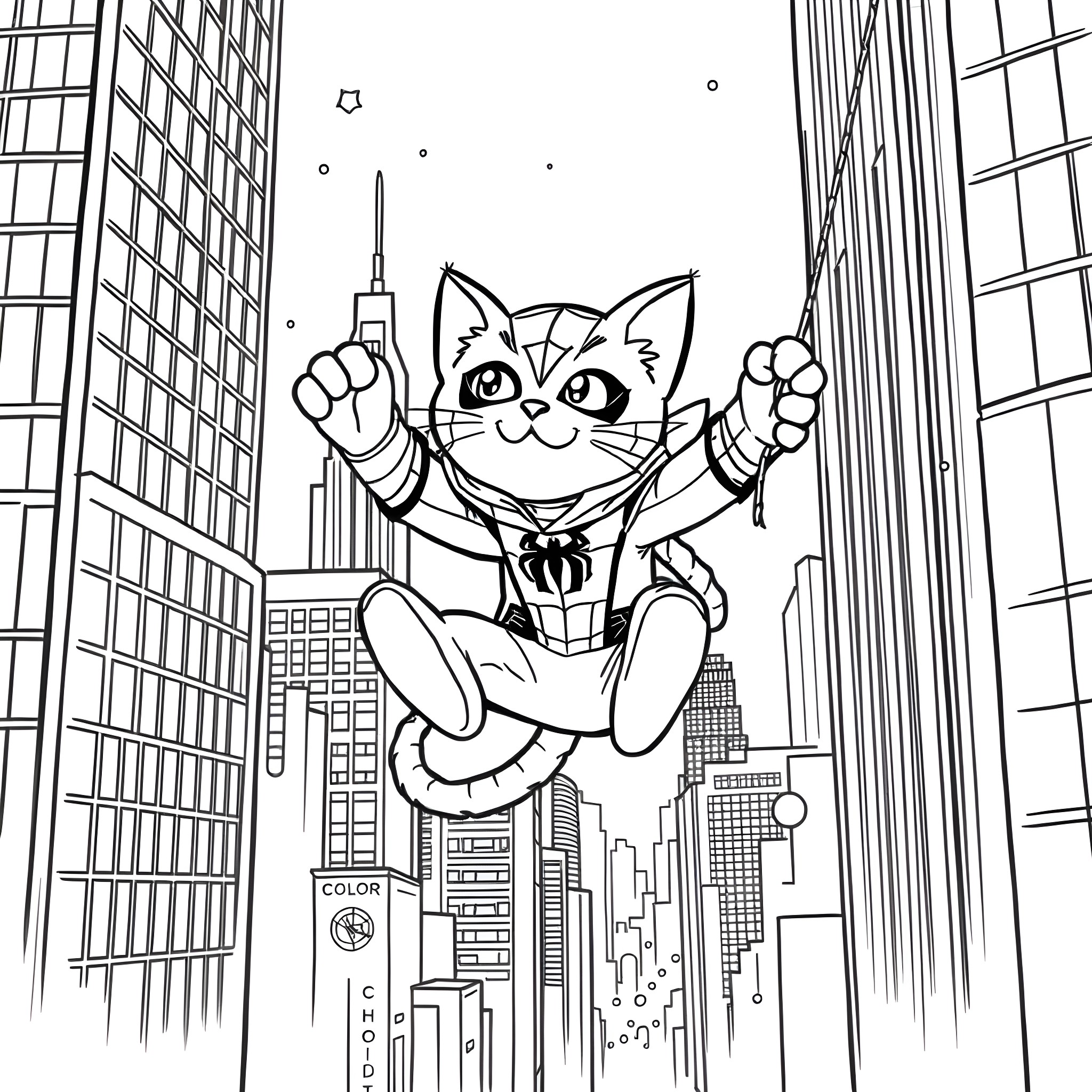 Cat superhero soaring over the city Coloring Page (free black-and-white line drawing printable PDF for all, from beginners to advanced learners, including children, teens, adults, and seniors)