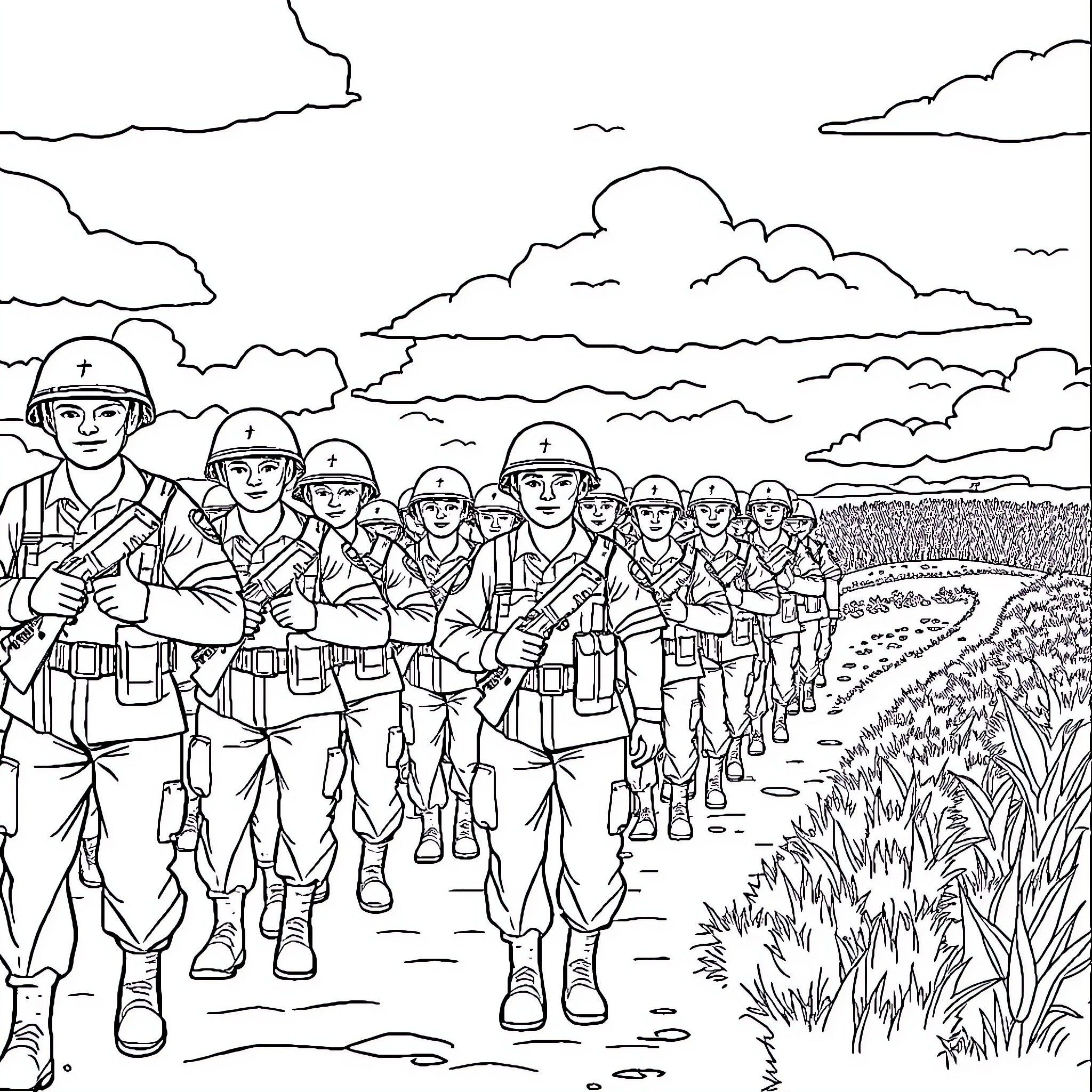 Soldier unit marching through the field Coloring Page (free black-and-white line drawing printable PDF for all, from beginners to advanced learners, including children, teens, adults, and seniors)