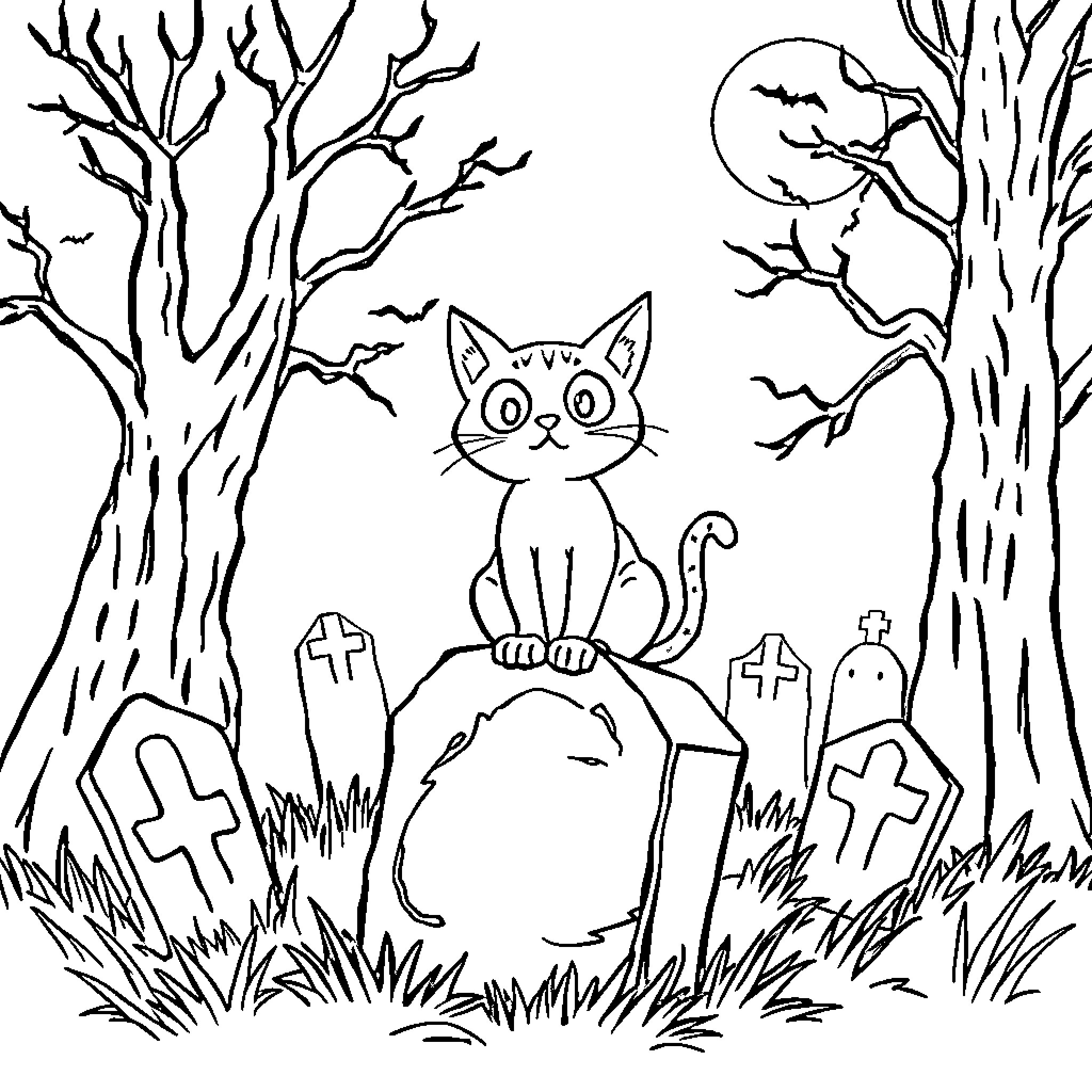 Cat in Halloween Graveyard Scene Coloring Page (free black-and-white line drawing printable PDF for all, from beginners to advanced learners, including children, teens, adults, and seniors)