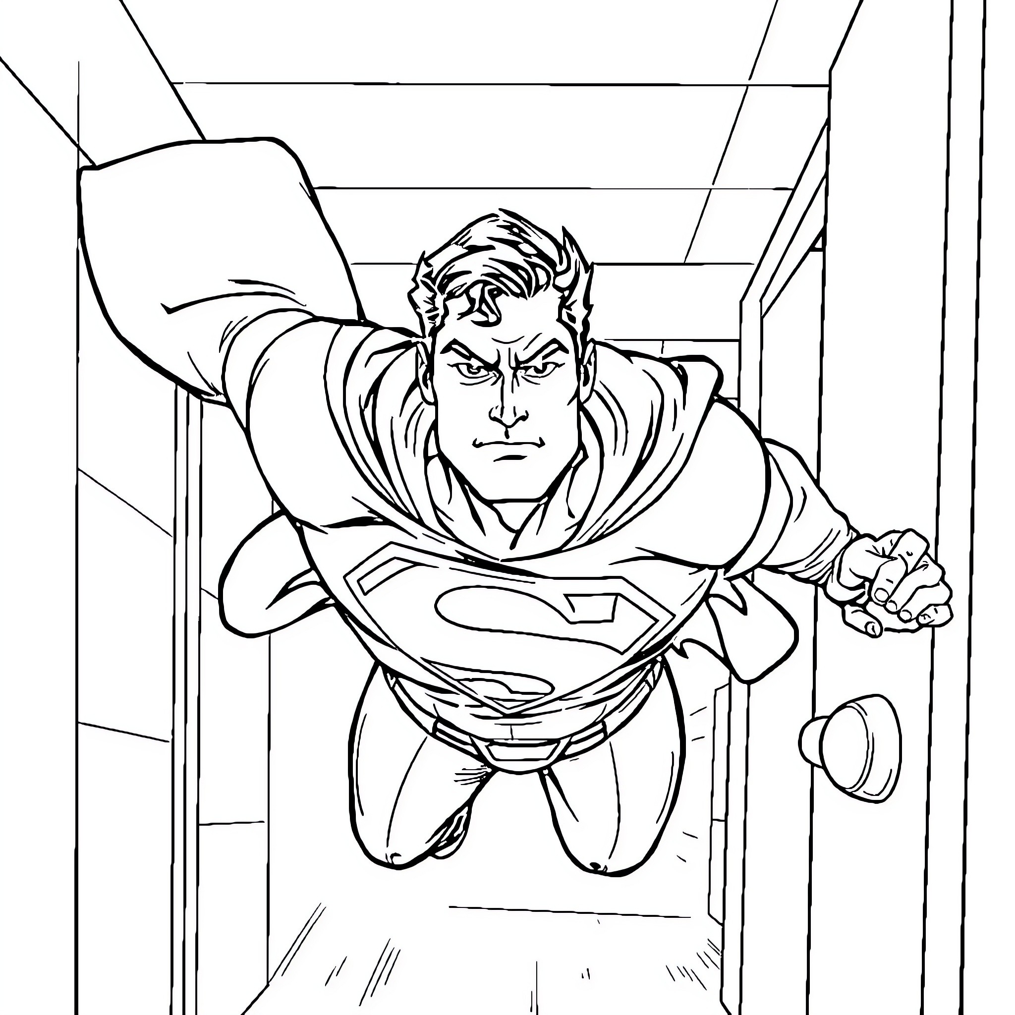 Superman heroically bursting through a wall Coloring Page (free black-and-white line drawing printable PDF for all, from beginners to advanced learners, including children, teens, adults, and seniors)