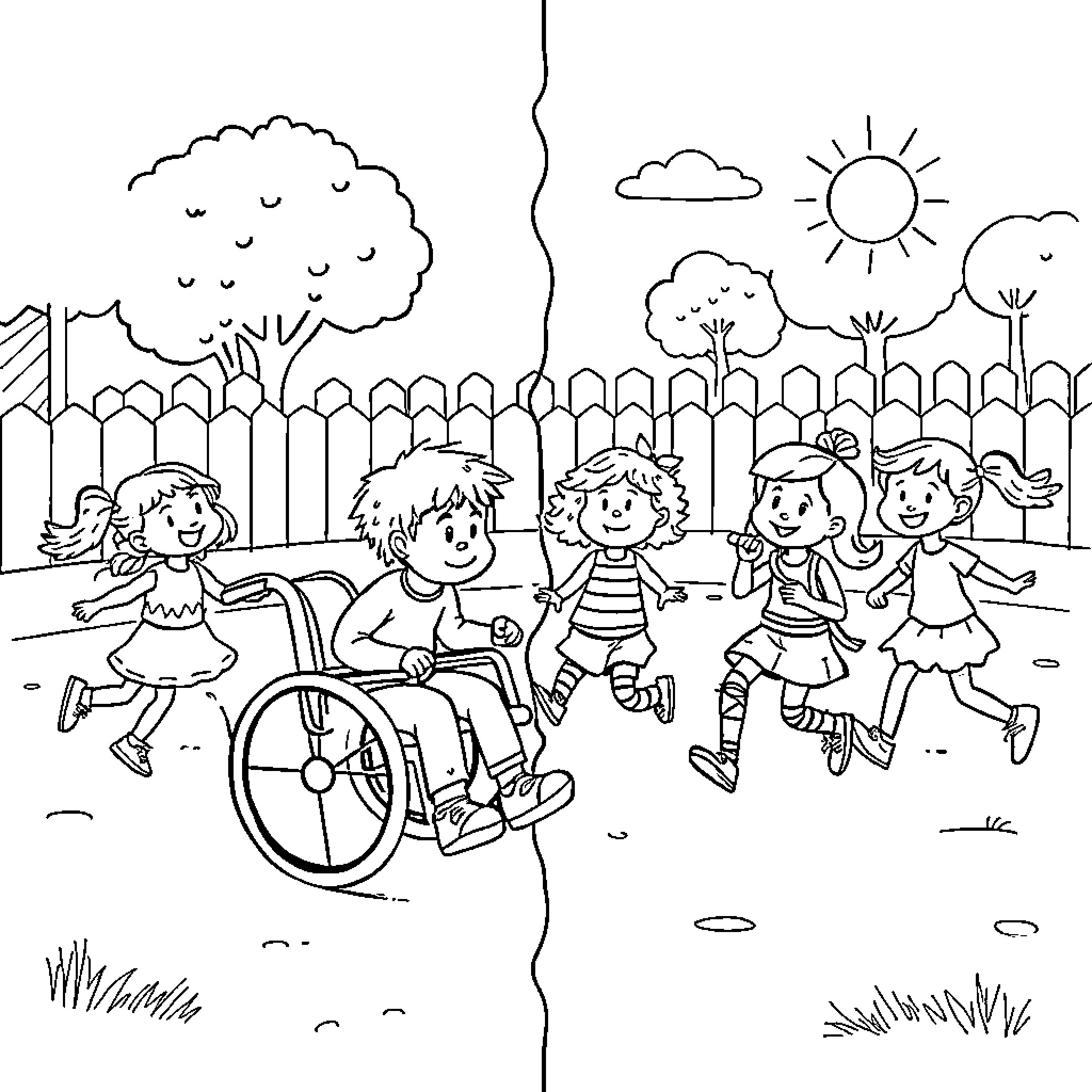 Child playing and helping a friend in a park Coloring Page (free black-and-white line drawing printable PDF for all, from beginners to advanced learners, including children, teens, adults, and seniors)