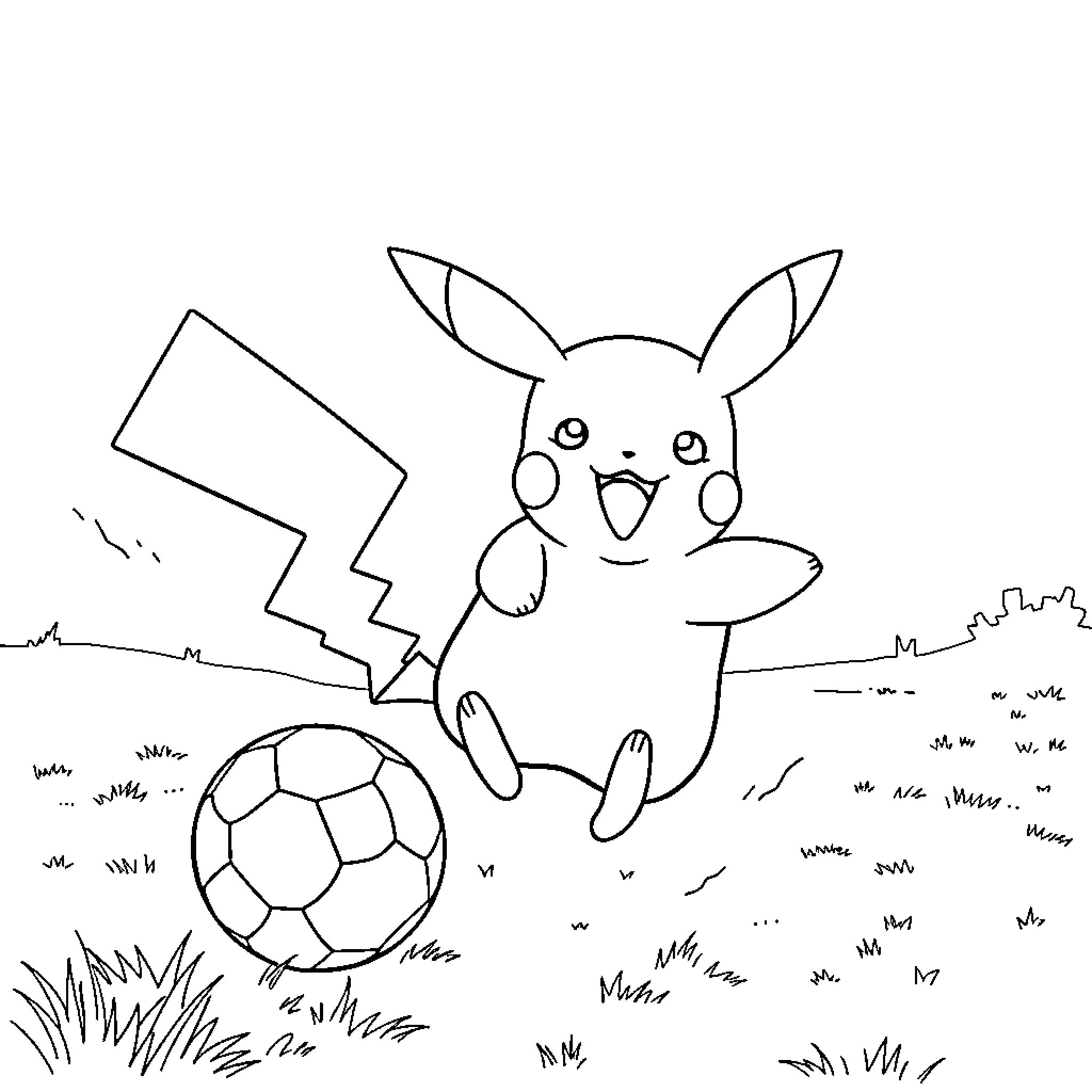 Pikachu playing with soccer ball in a field Coloring Page (free black-and-white line drawing printable PDF for all, from beginners to advanced learners, including children, teens, adults, and seniors)