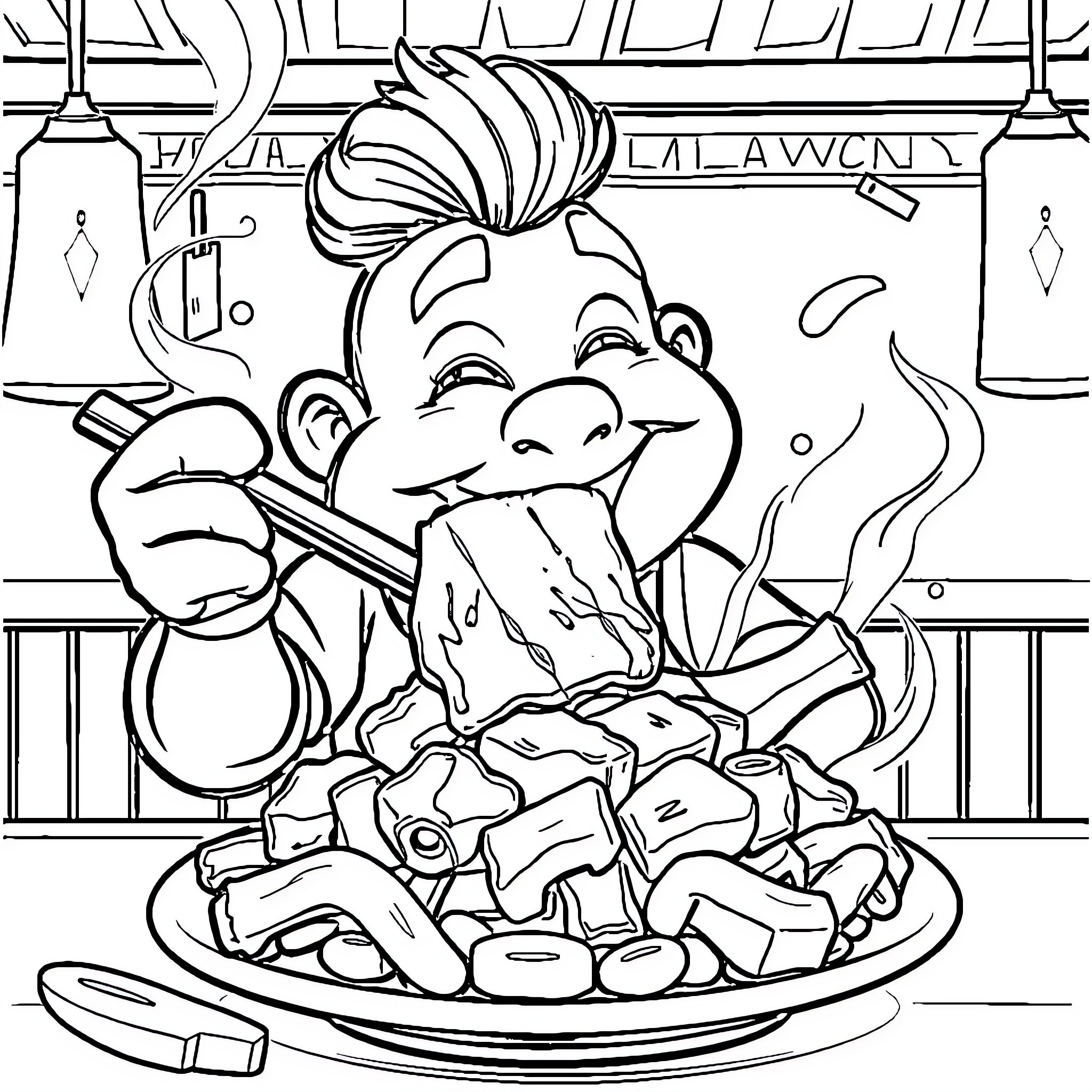 Hong Kong Fuey's Tasty Meal Time Coloring Page (free black-and-white line drawing printable PDF for all, from beginners to advanced learners, including children, teens, adults, and seniors)