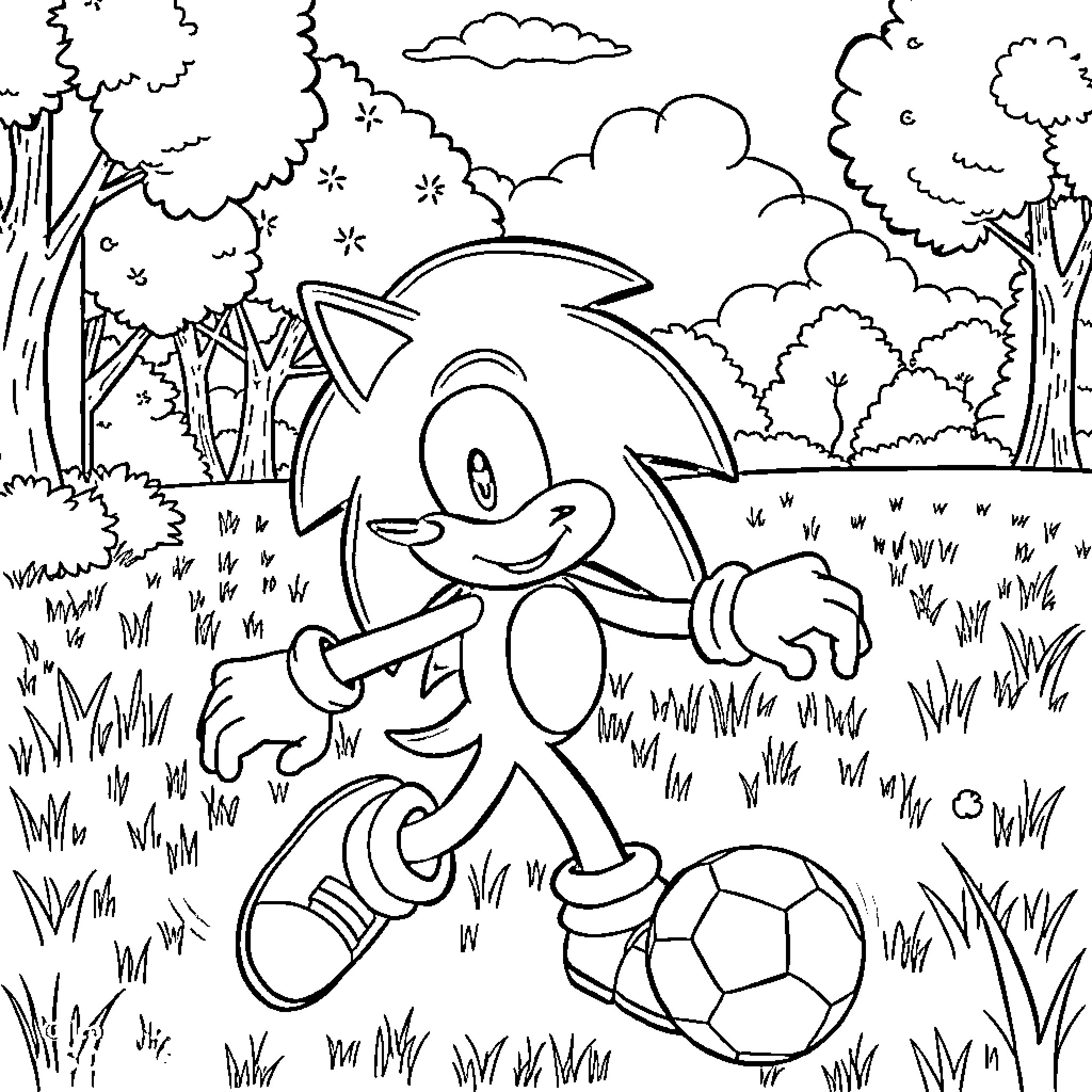 Sonic playing with a soccer ball in the forest Coloring Page (free black-and-white line drawing printable PDF for all, from beginners to advanced learners, including children, teens, adults, and seniors)