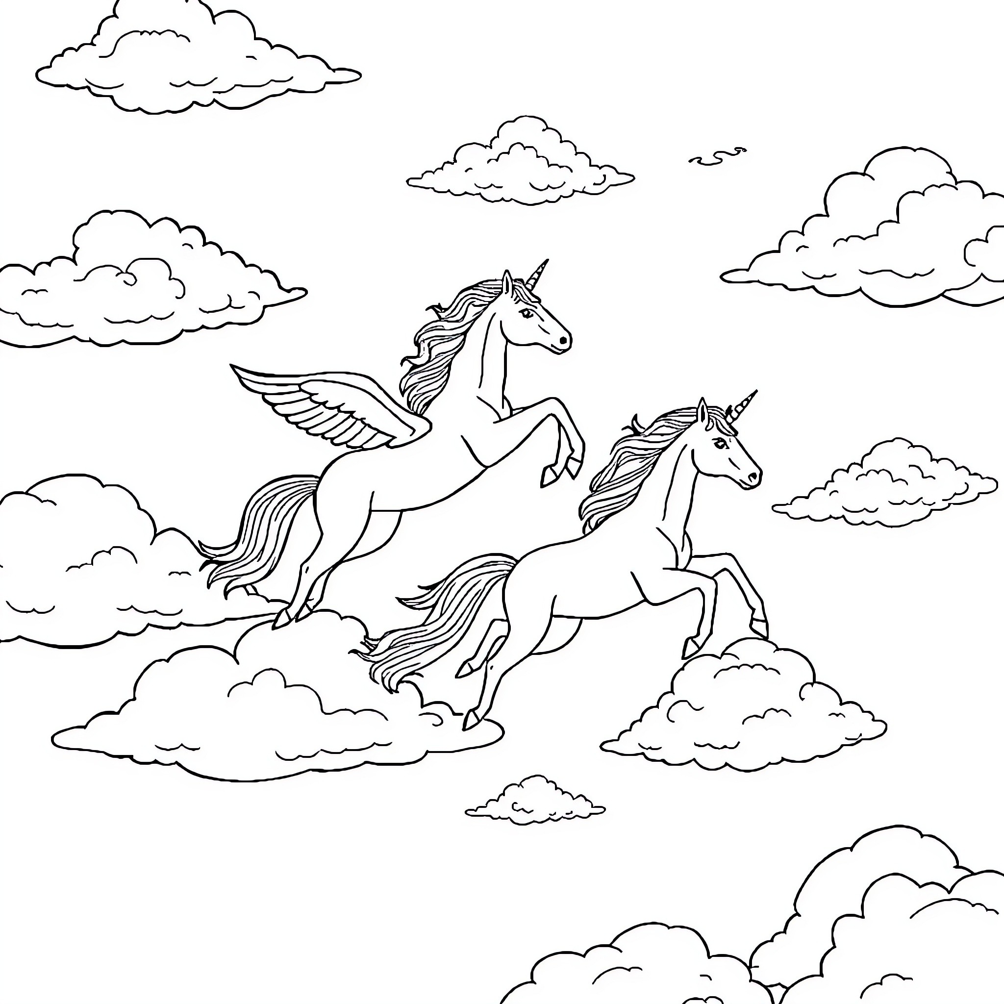 Unicorn Pair Flying Through Clouds Coloring Page (free black-and-white line drawing printable PDF for all, from beginners to advanced learners, including children, teens, adults, and seniors)