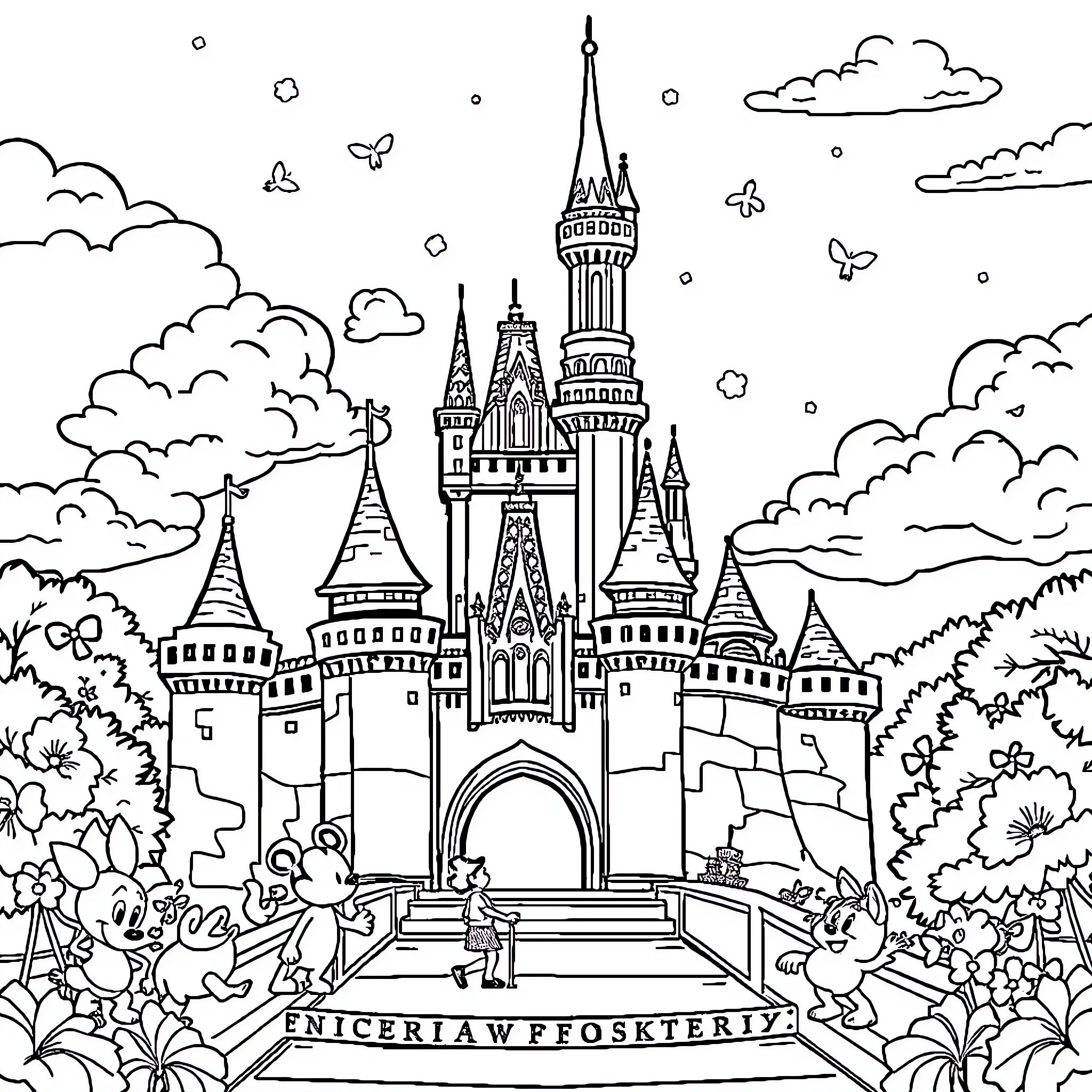 Disney Fairy Tale Castle in Enchanted Landscape Coloring Page (free black-and-white line drawing printable PDF for all, from beginners to advanced learners, including children, teens, adults, and seniors)