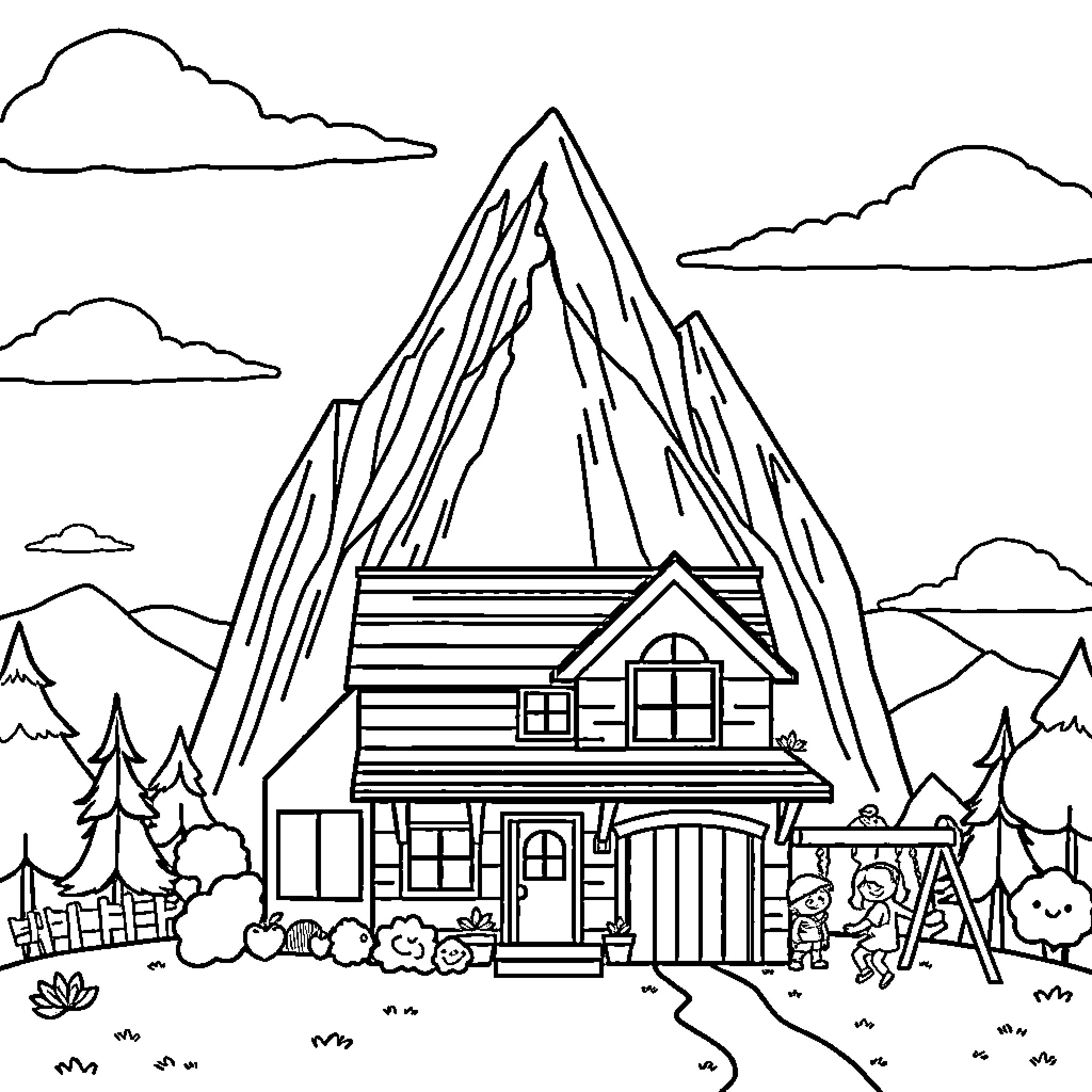 House in the mountains with scenic landscape Coloring Page (free black-and-white line drawing printable PDF for all, from beginners to advanced learners, including children, teens, adults, and seniors)