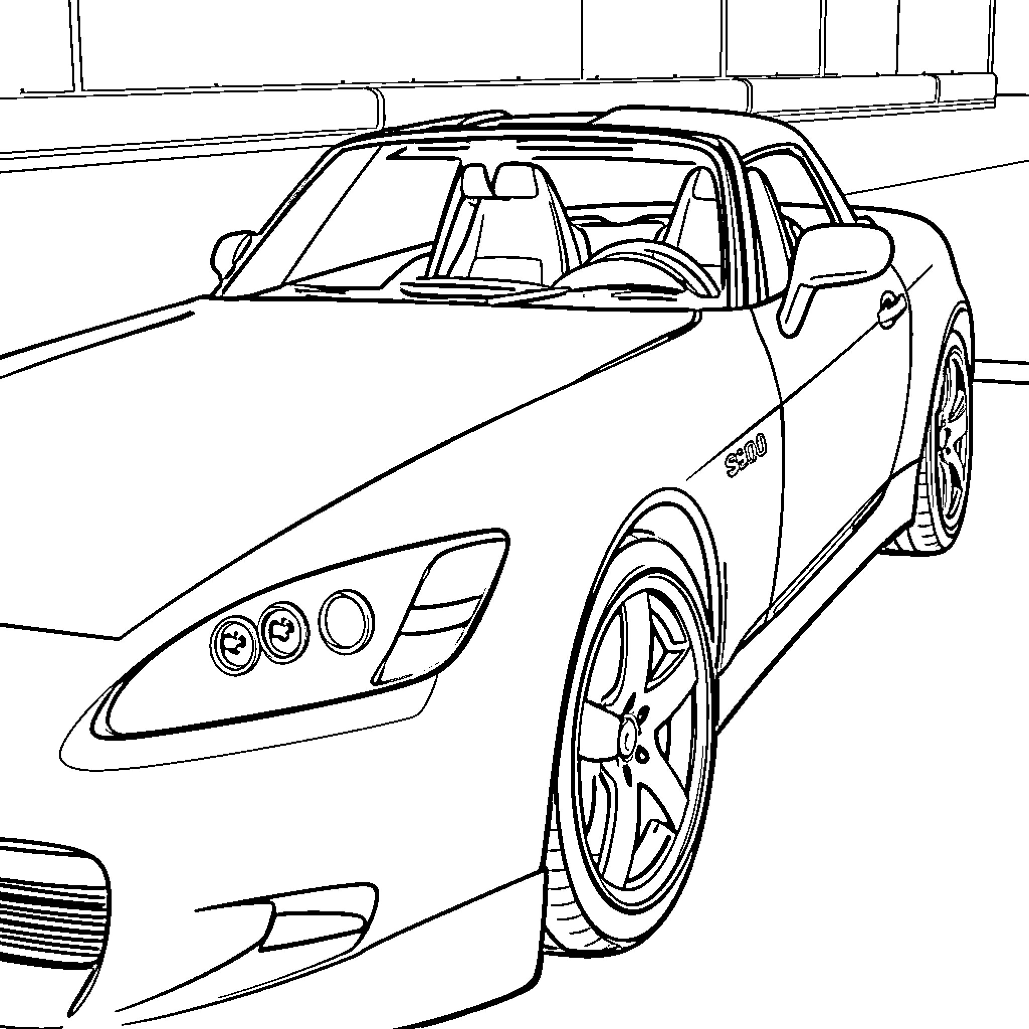 S2000 sports car on city street Coloring Page (free black-and-white line drawing printable PDF for all, from beginners to advanced learners, including children, teens, adults, and seniors)