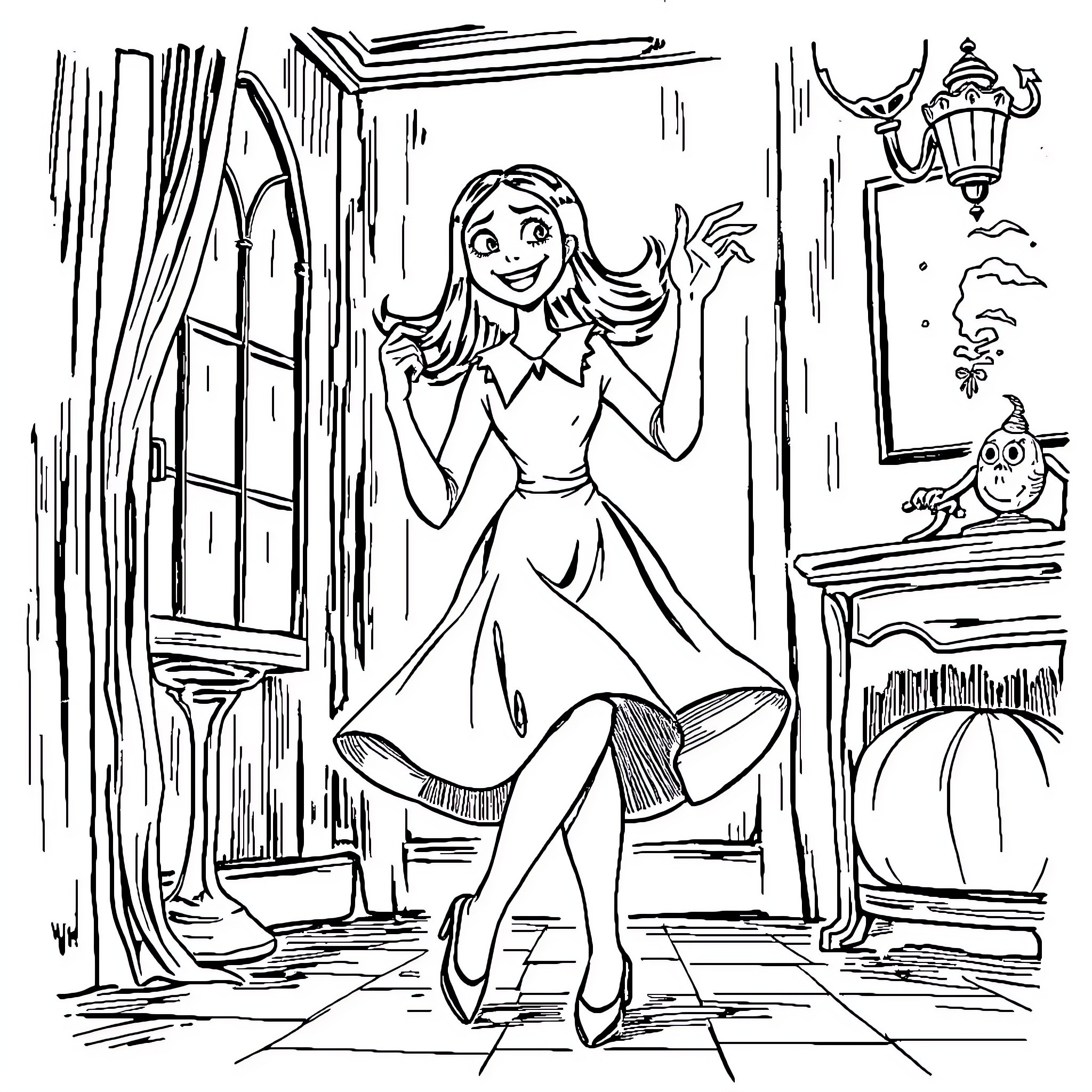 Wednesday Adams in a lively dance Coloring Page (free black-and-white line drawing printable PDF for all, from beginners to advanced learners, including children, teens, adults, and seniors)