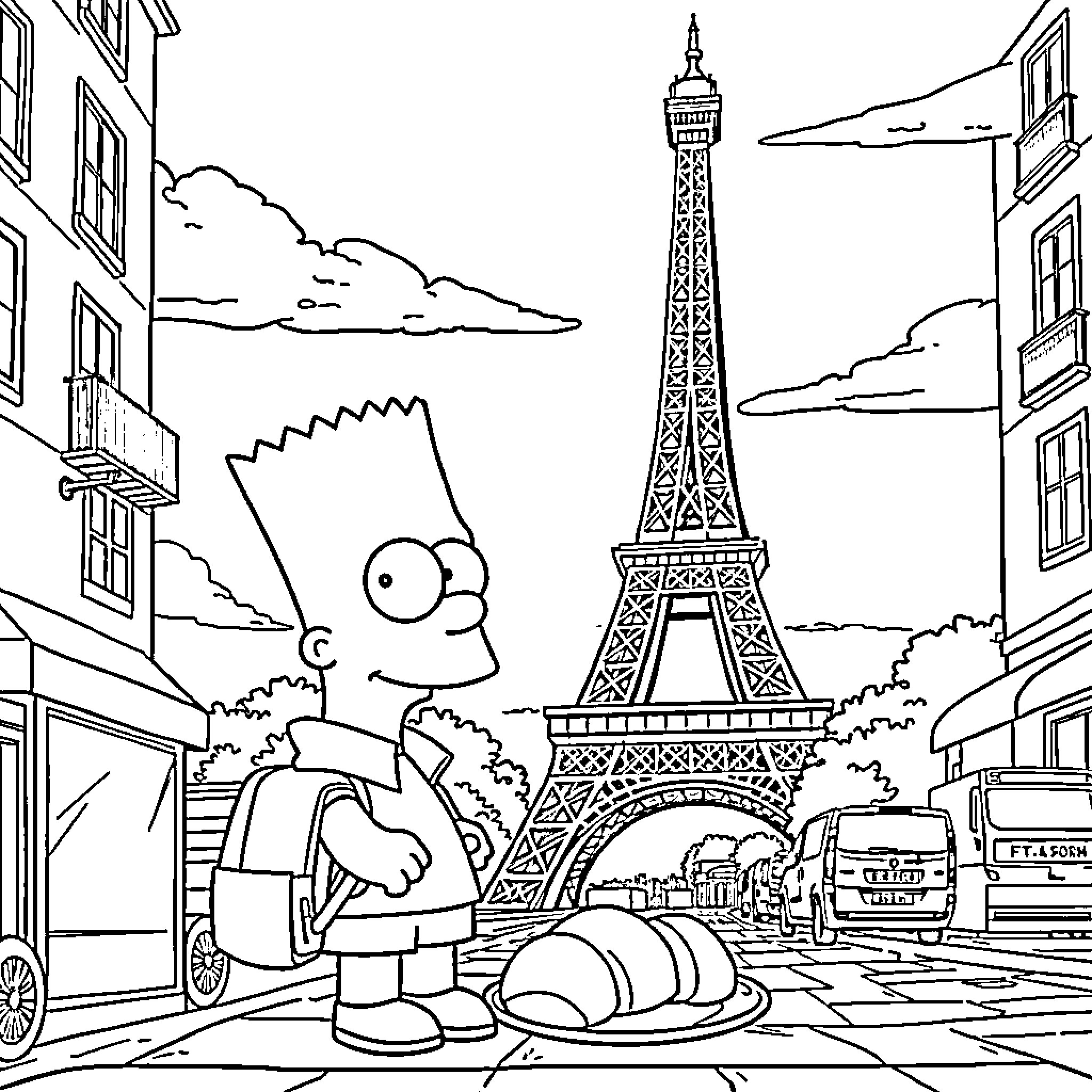 Bart Simpson exploring the Eiffel Tower in Paris Coloring Page (free black-and-white line drawing printable PDF for all, from beginners to advanced learners, including children, teens, adults, and seniors)