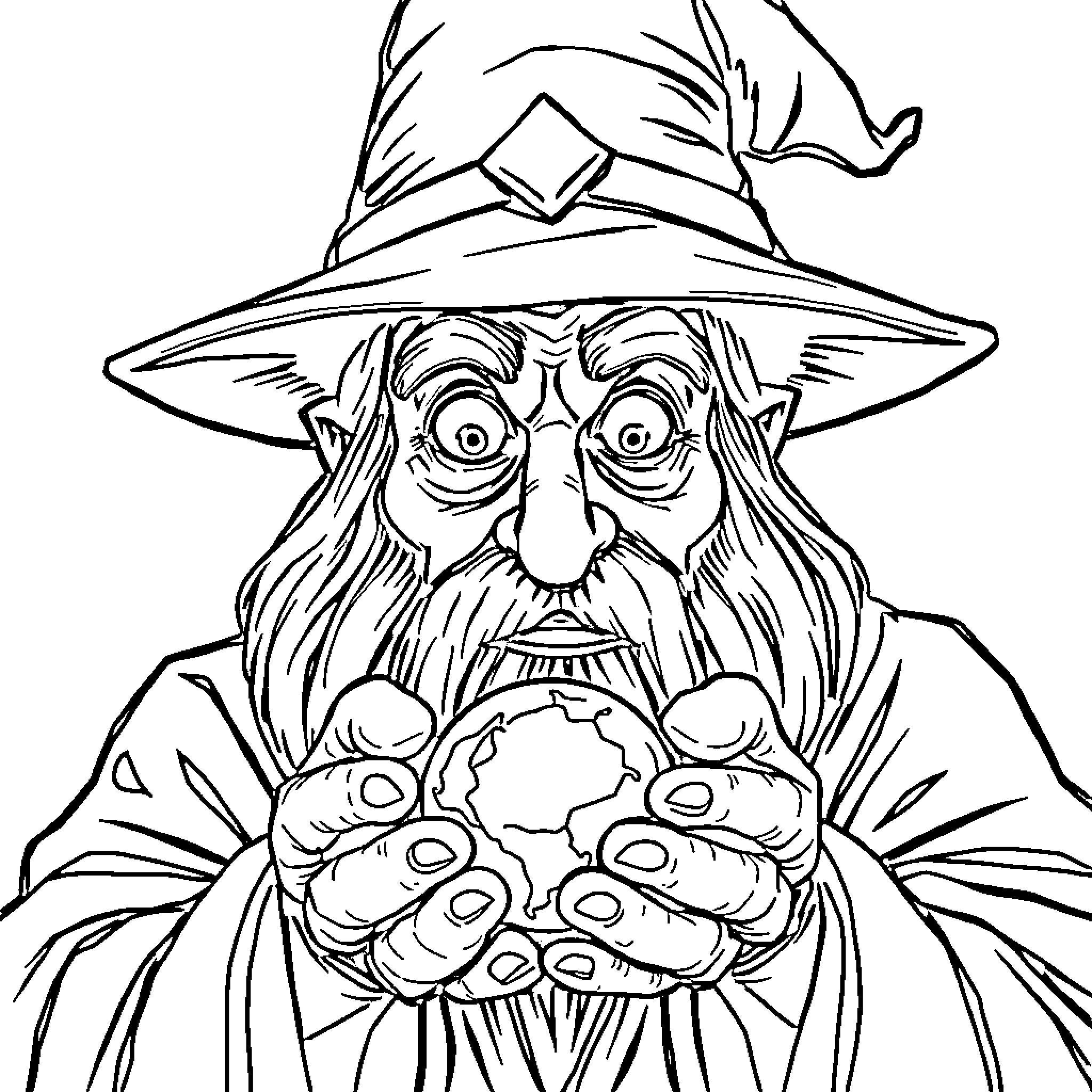 Wizard gazing intently at a mysterious object Coloring Page (free black-and-white line drawing printable PDF for all, from beginners to advanced learners, including children, teens, adults, and seniors)